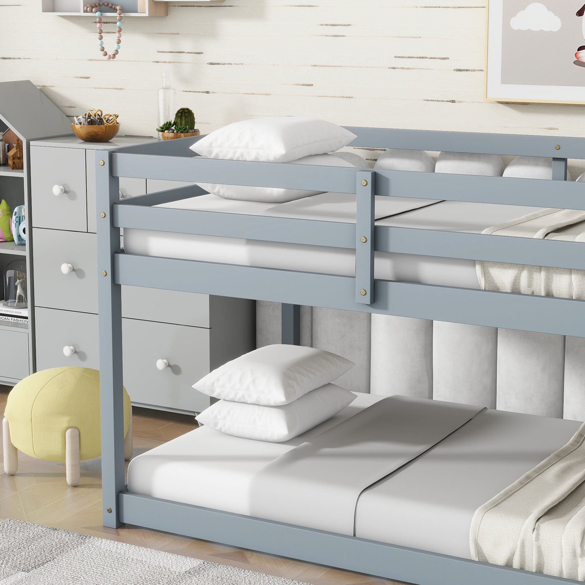 Solid Woodensolid Rubber Wooden Twin Over Twin Loft Bed With Ladder ,Upper And Bottom Bed Platforms Crafted With Strengthened Slats ,Grey Twin Grey Rubber Wood