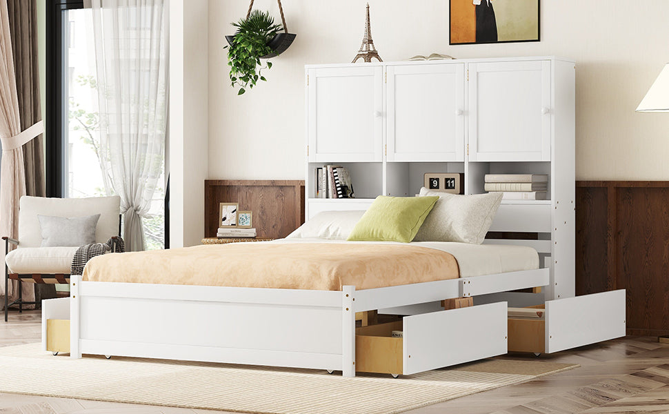 Queen Size Platform Bed With Storage Headboard And 4 Drawers, White Box Spring Not Required Queen White Wood Bedroom Bed Frame Solid Wood Mdf