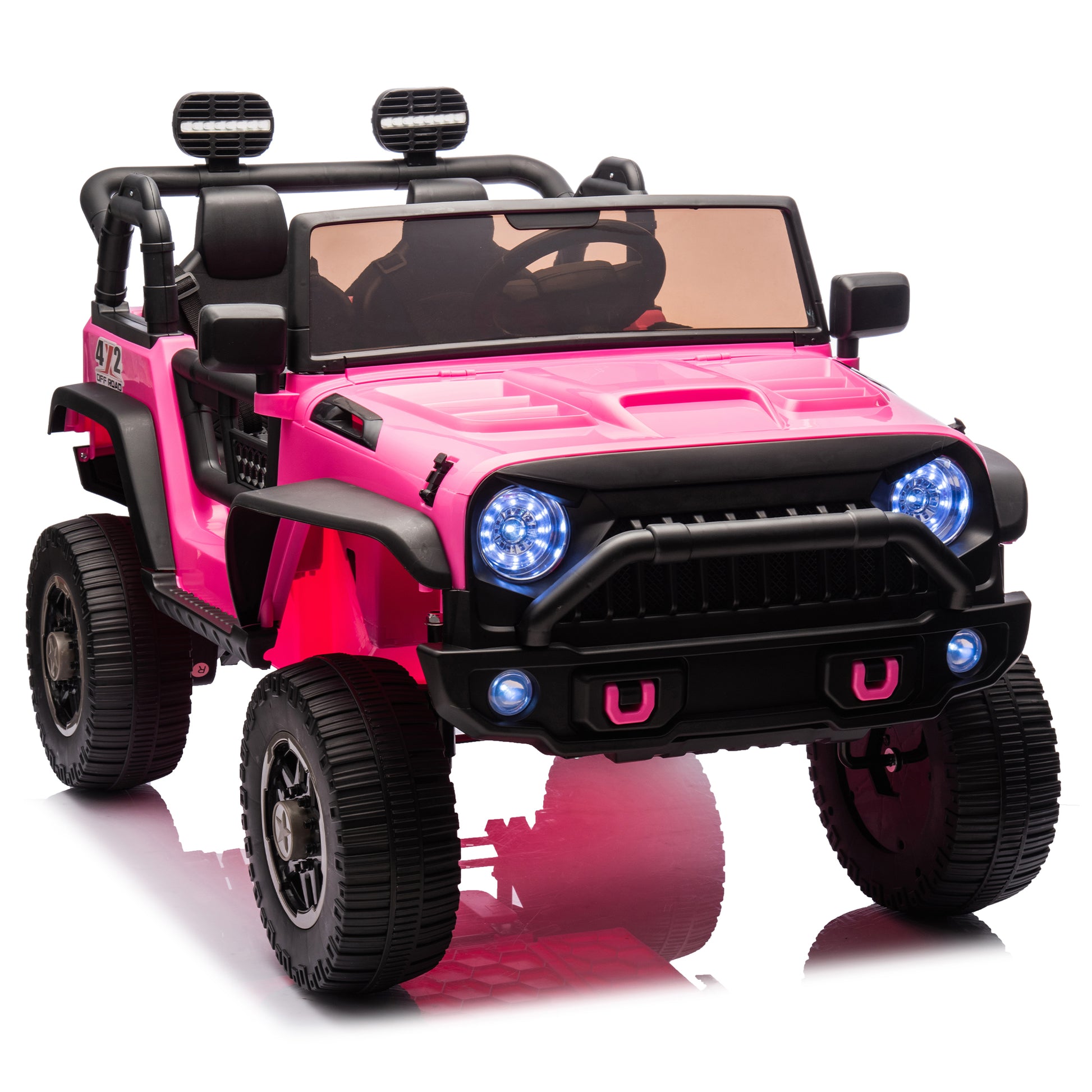 24V Two Seater Kids Ride On Truck Car W Parents Control,200W*2,Seat Width 20.28In,Four Wheel Suspension,Led Lights,Music,Mp3,Bluetooth,Two Independent Seat Belts,Suitable For Off Road For Kids Aged 3 Pink 100 149 Lbs Polypropylene