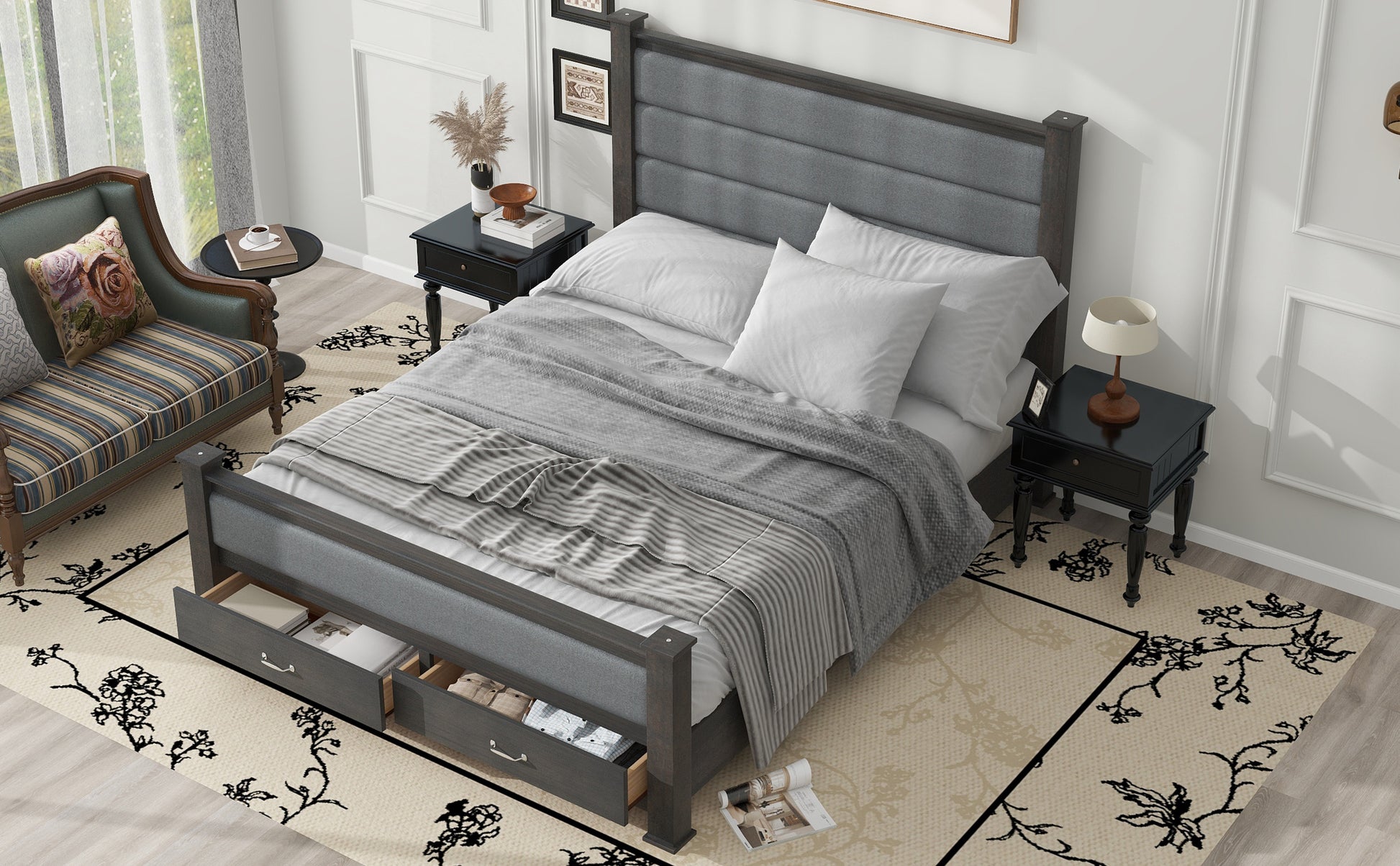 Queen Size Wood Frame Platform Bed With Upholstered Headboard, Footboard And 2 Drawers, Antique Gray Box Spring Not Required Queen Antique Gray Wood Bed Frame Solid Wood Mdf