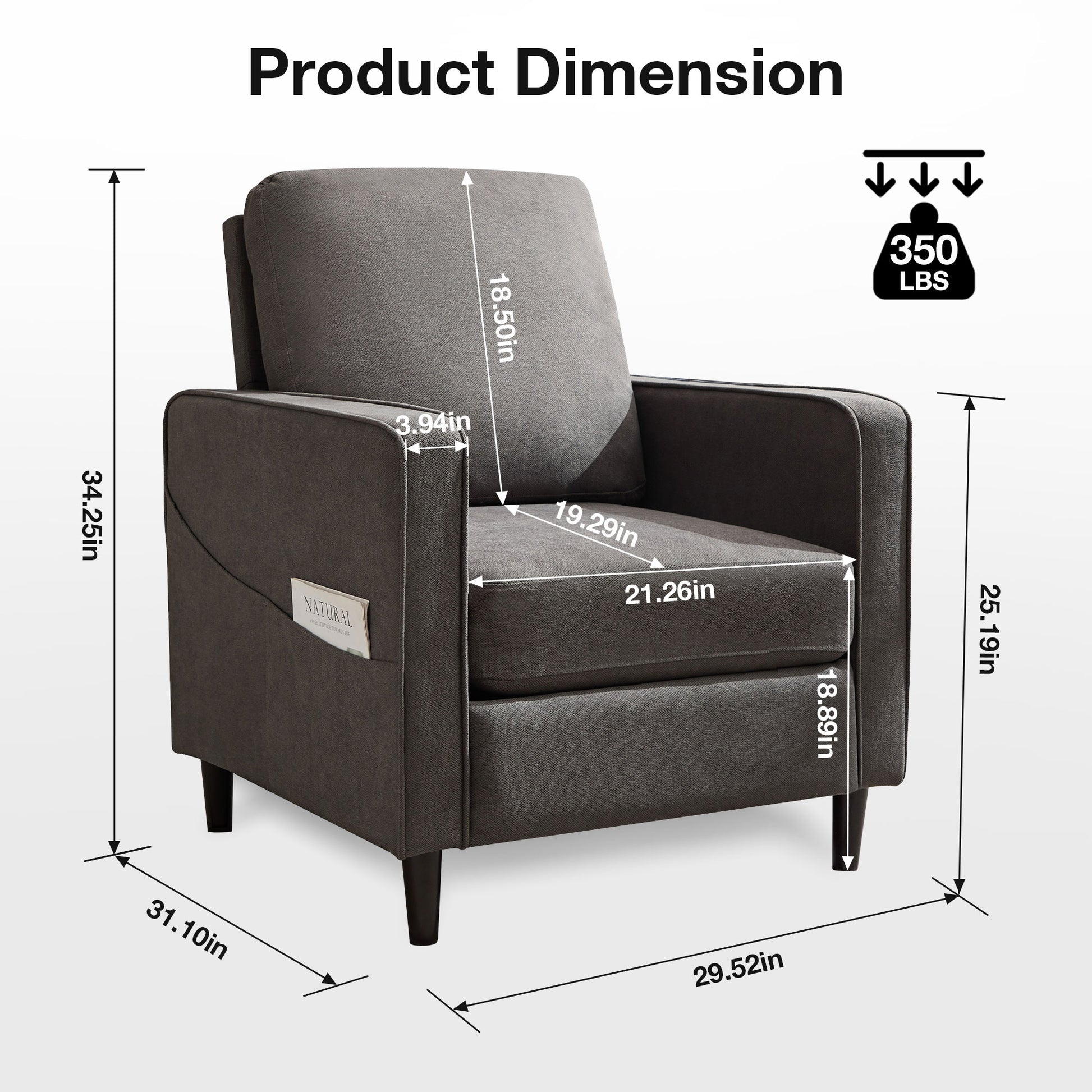 Mid Century Accent Chair ,Modern Linen Fabric Armchair For Living Room,Double Side Pockets, Comfortable And Padded Reading Feature Sofa Chair, Suitable For Bedrooms, Living Rooms, And Offices Dark Grey Linen