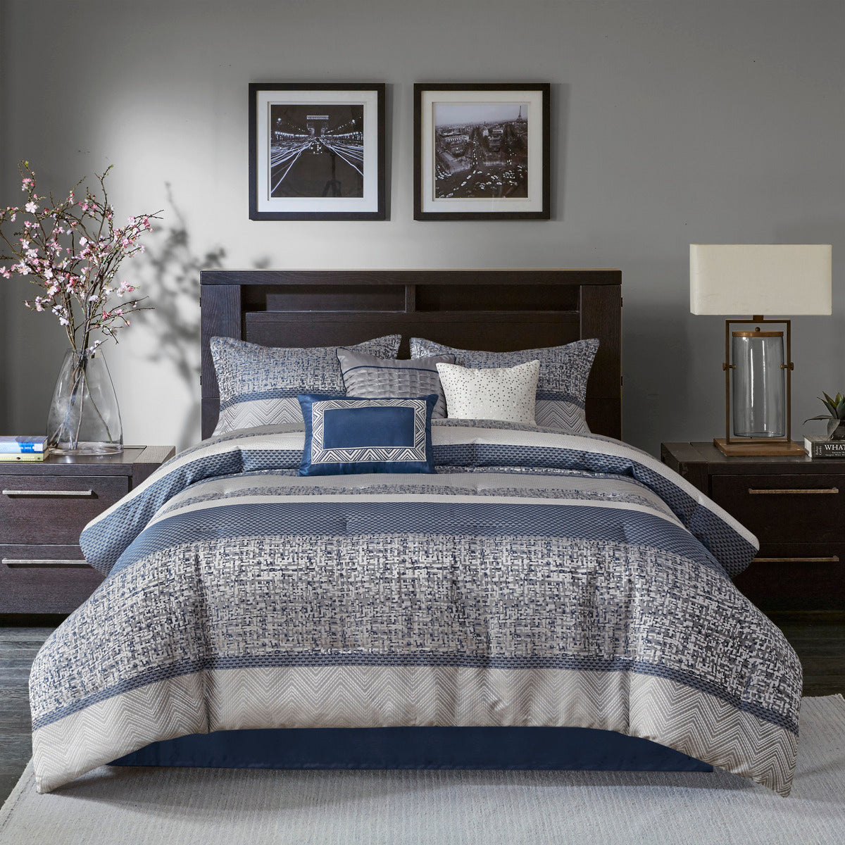 7 Piece Jacquard Comforter Set Navy Cal King California King Navy Polyester