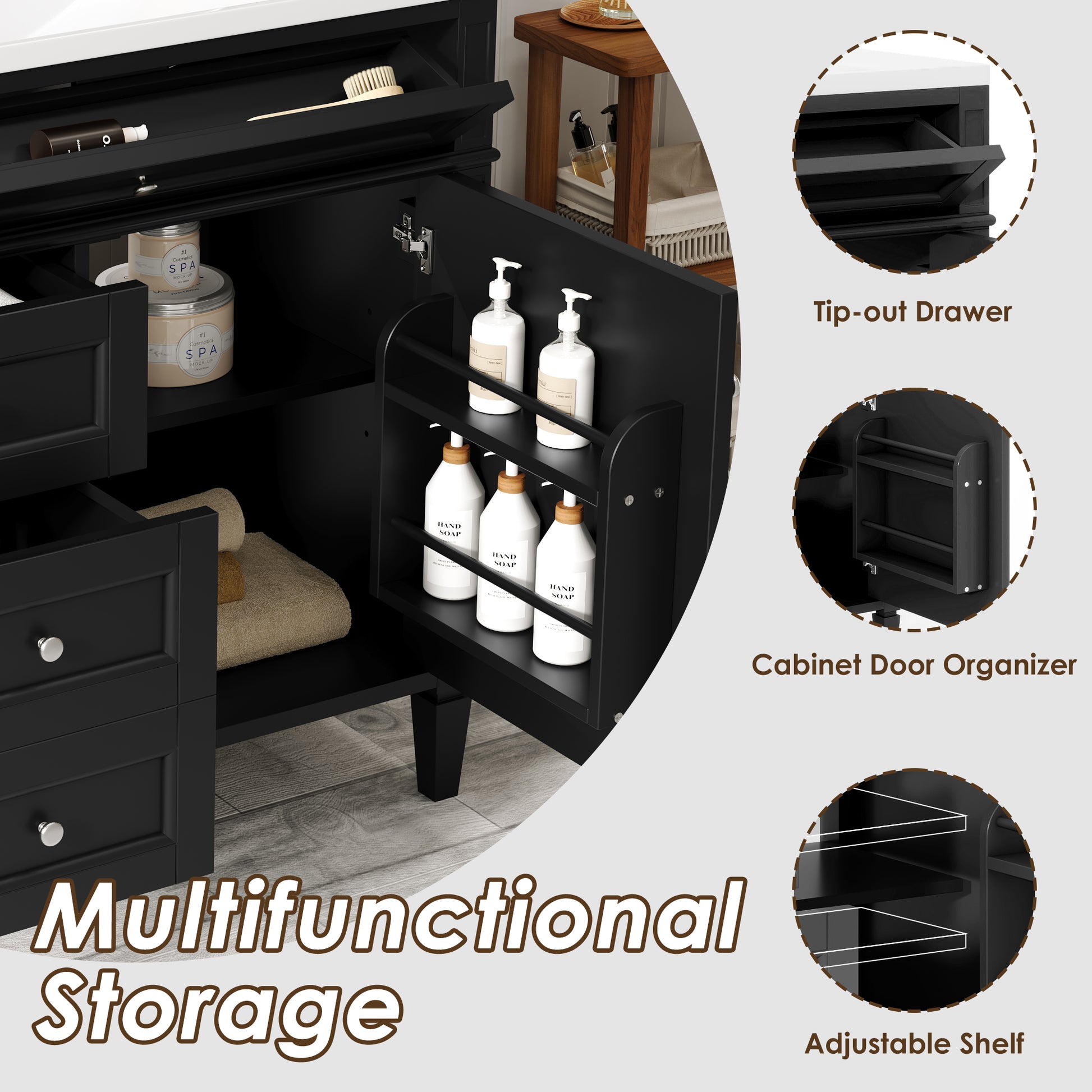 36'' Bathroom Vanity With Top Sink, Modern Bathroom Storage Cabinet With 2 Drawers And A Tip Out Drawer, Single Sink Bathroom Vanity Black Bathroom Solid Wood Mdf