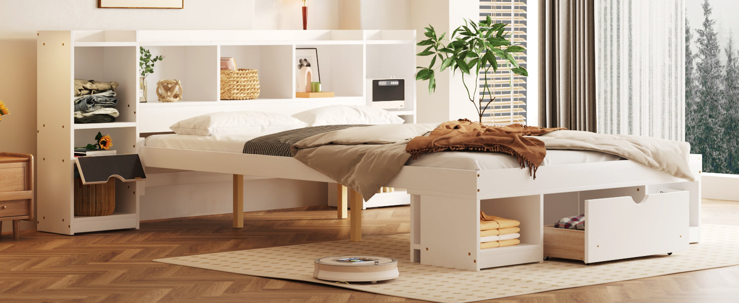 Queen Size Wood Platform Bed With Multi Storage Headboard And A Drawer, White Box Spring Not Required Queen White Wood Bedroom Bed Frame Solid Wood Mdf