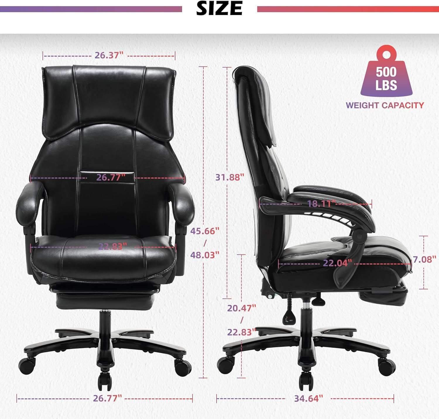 500Lbs Big And Tall Office Chair Wide Seat For Heavy People With Quiet Wheels Heavy Duty Metal Base High Back Larger Size Pu Leather Executive Office Chair With Footrest Back Reclining Alloy Steel Black Foam Faux Leather