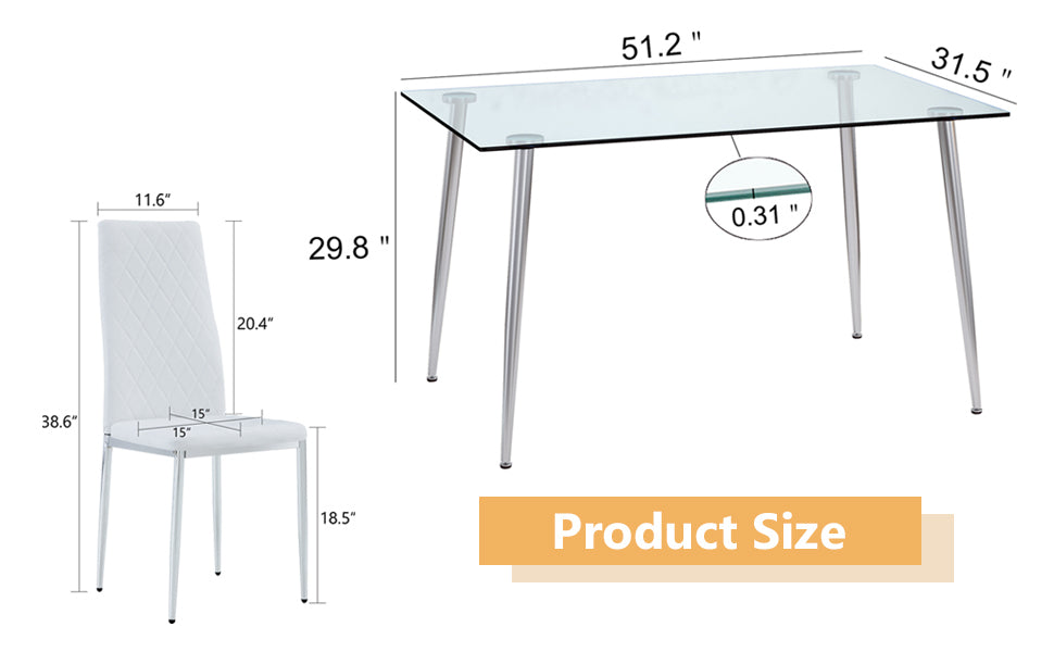 Table And Chair Set.Rectangular Dining Table With Tempered Glass Tabletop And Silver Plating Metal Legs.Paired With 6 Checkered Armless High Back White Chairs With Electroplated Metal Legs. White Seats 6 Glass Metal
