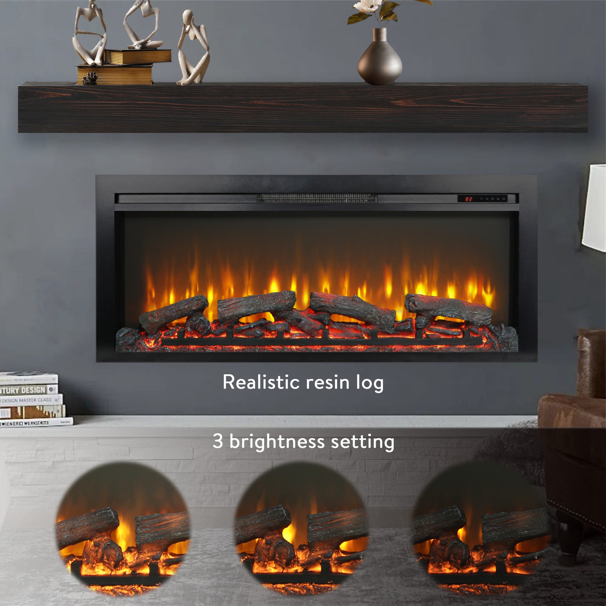 44 Inch Wall Recessed Electric Fireplace With Remote And Imitation Flameled Light Heater Powder Coated Electric Antique Black Vent Free Yes Wall Mount Tempered Glass Sheet Metal