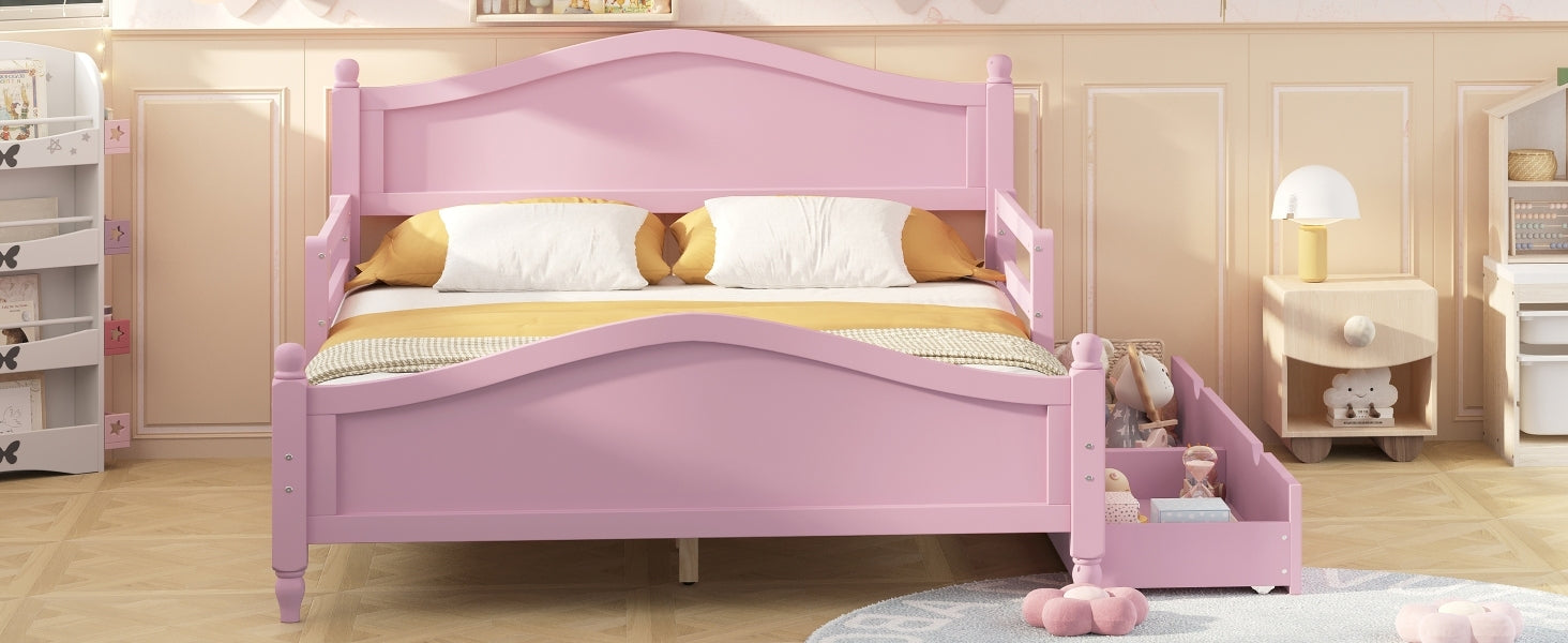 Full Size Wood Platform Bed With Guardrails On Both Sides And Two Storage Drawers ,Pink Full Pink Wood