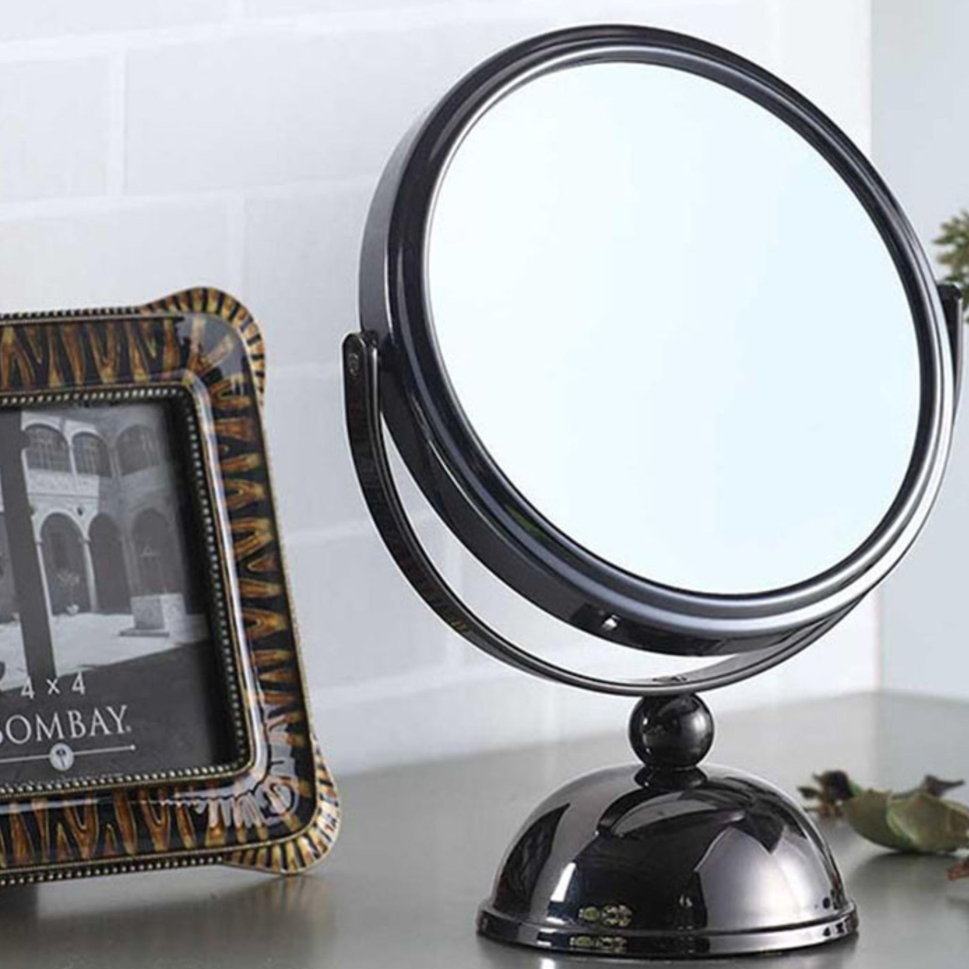 5.5" Diameter Chrome Make Up Mirror, X7 Magnification, Black Finish Gunmetal Metal