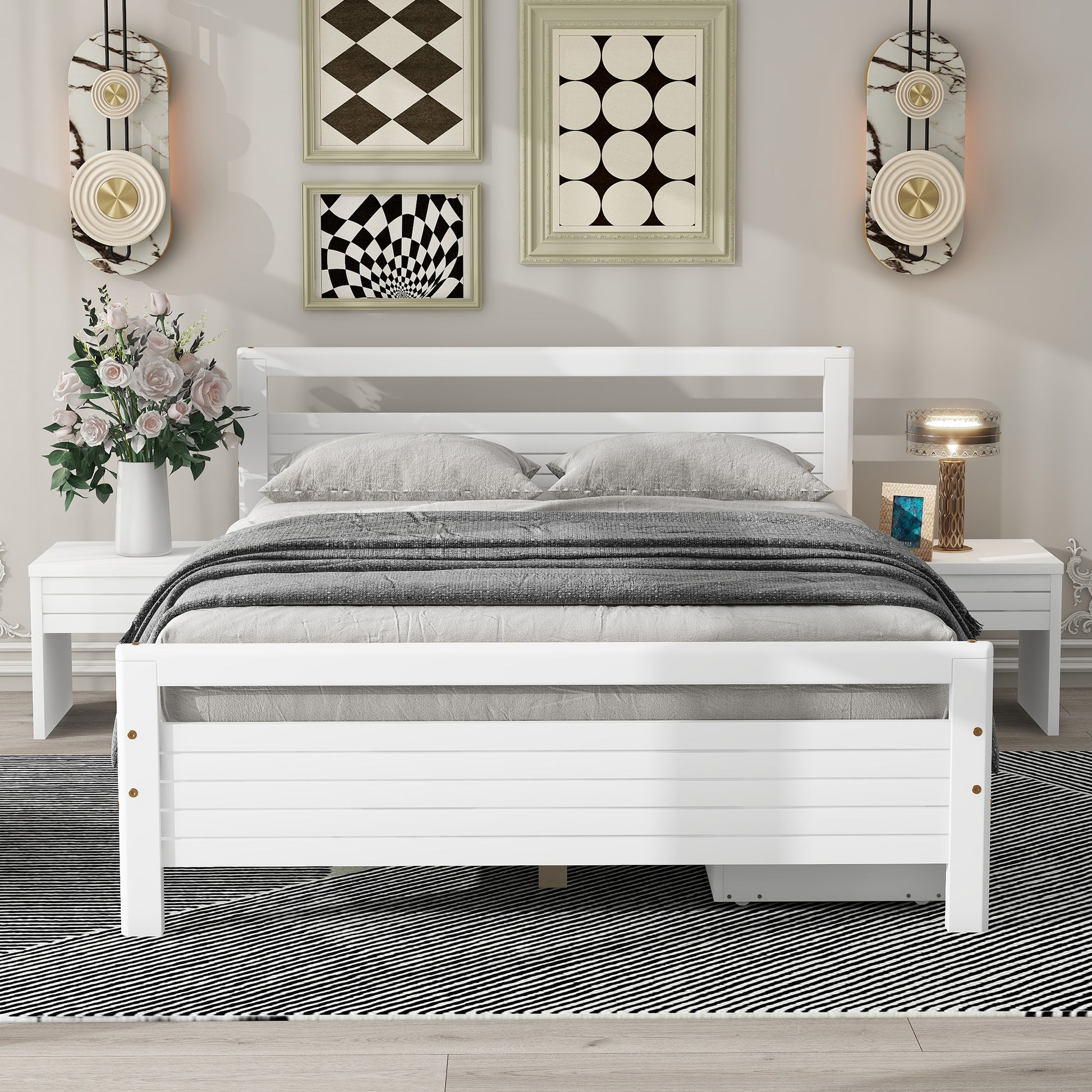 Full Size Wooden Platform Bed With 2 Storage Drawers And 2 Bedside Tables, White Full White Pine