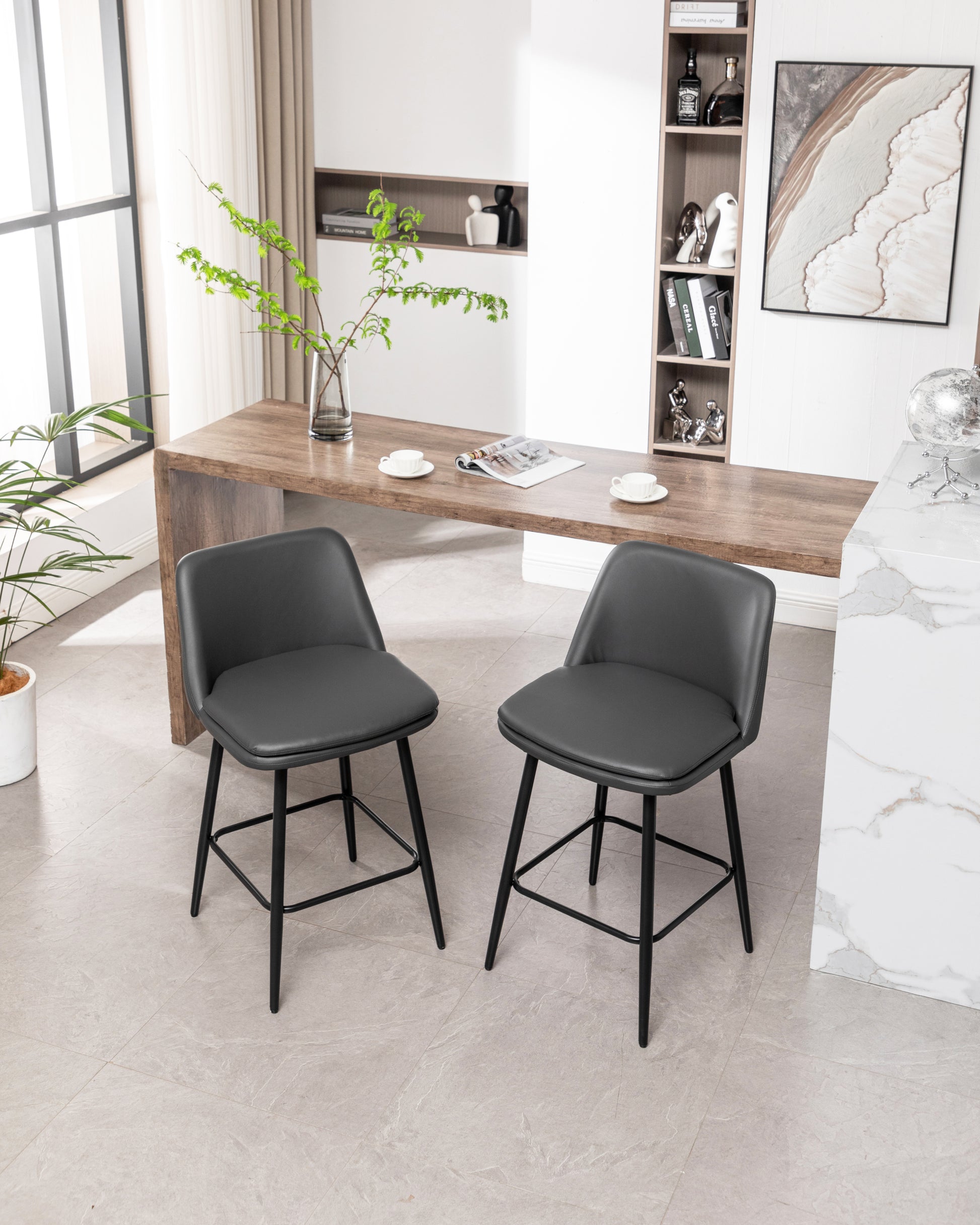 Counter Height Swivel Bar Stools Set Of 2, 360 Swivel Upholstered Barstools With Back And Metal Legs, 25.6" Seat Height,Counter Stools For Kitchen Island And Pub,Faux Leather,Grey Dark Grey Set Of 2 Pu Leather