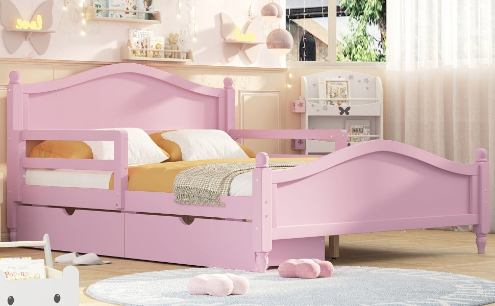 Full Size Wood Platform Bed With Guardrails On Both Sides And Two Storage Drawers ,Pink Full Pink Wood