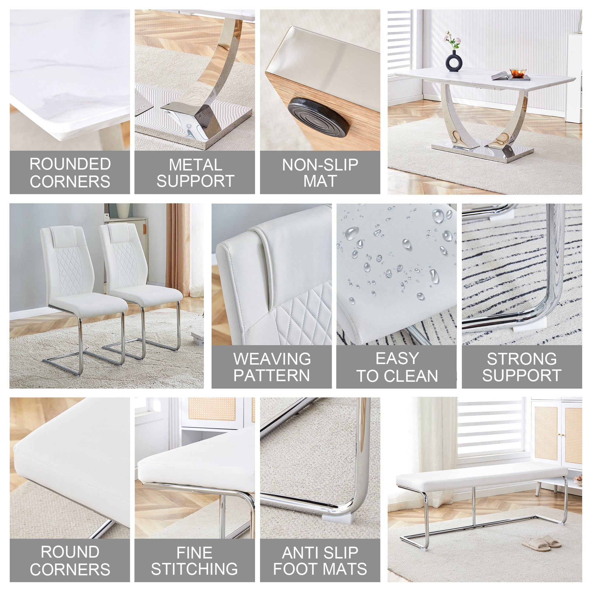 Table And Chair Set. Large Modern Rectangular Table With White Textured Top And Silver Metal Legs. Soft And Comfortable Pu Seats, Faux Leather Upholstered Seats And Sturdy Metal Legs. White Mdf Metal