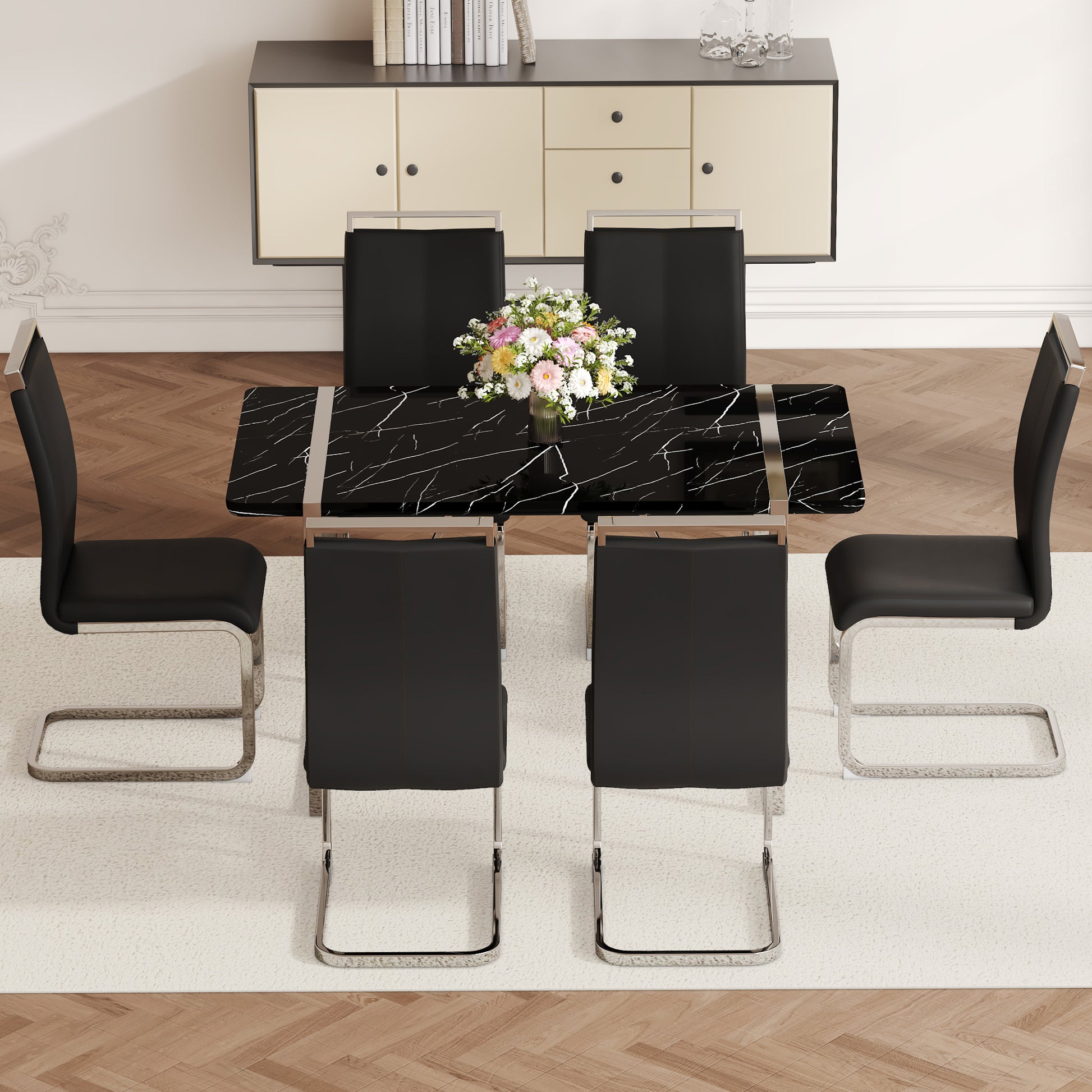 Table And Chair Set.A Rustic Industrial Rectangular Mdf Black Dining Table With Mdf Desktop And Electroplated Silver Metal Legs.Paried With 6 Chairs With Pu Cushion And Metal Legs. Black,Silver Seats 6 Mdf Metal