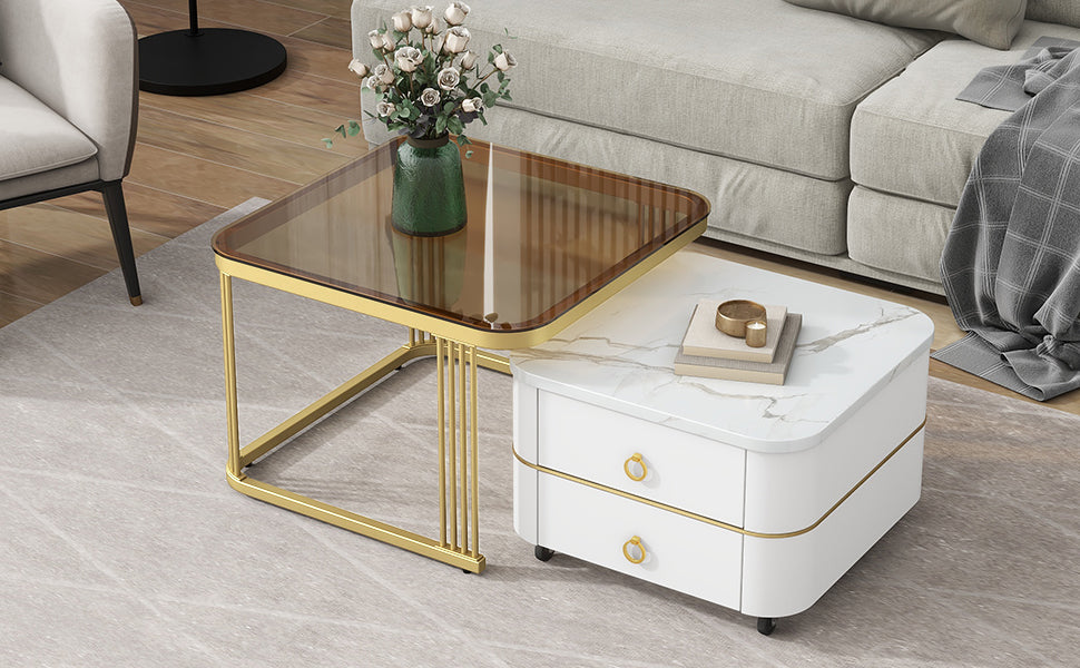 2 In 1 Square Nesting Coffee Table With Wheels & Drawers, Stackable Side Table With High Gloss Marble Grain Top, End Table Set With Brown Tempered Glass For Living Room, White White Gold Primary Living Space Drawers Square Mdf Steel