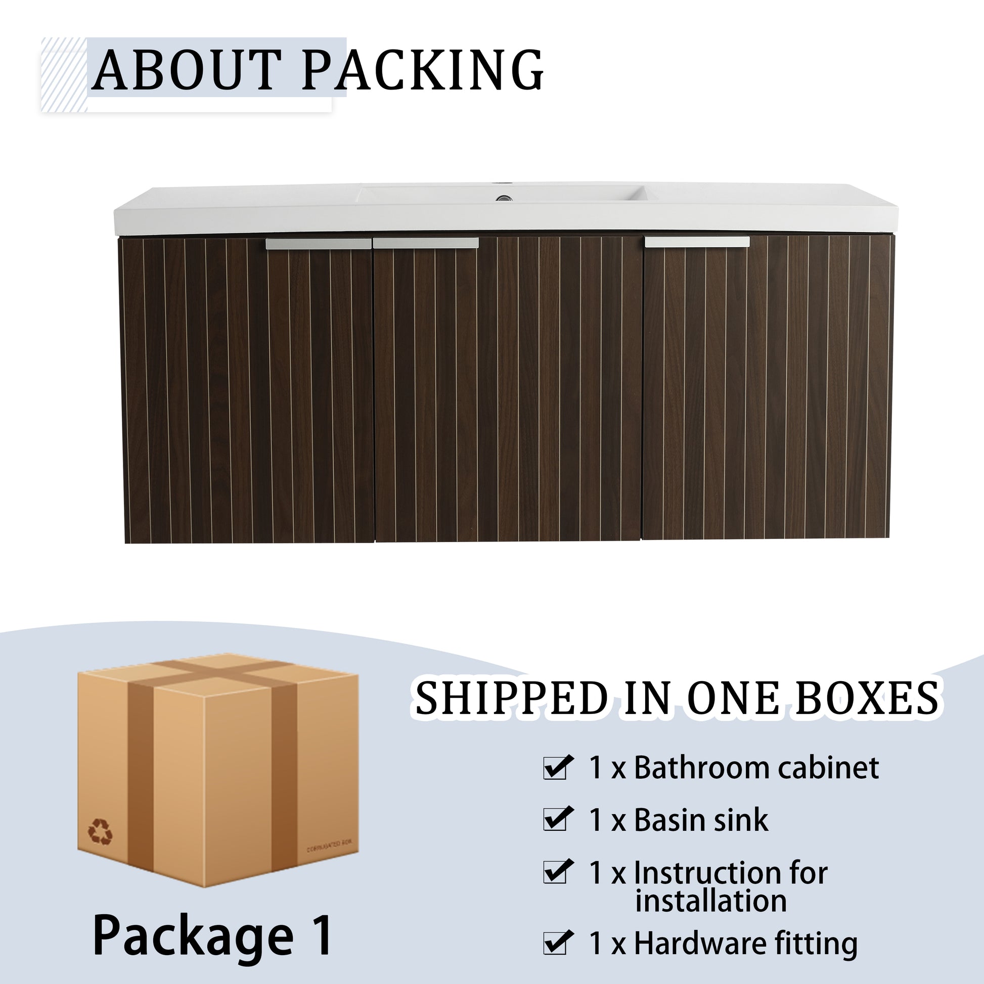 48 Inch Bathroom Cabinet With Resin Sink,Soft Close Doors,Float Mounting Design Silver Brown Stripe Bathroom Modern Plywood Plywood