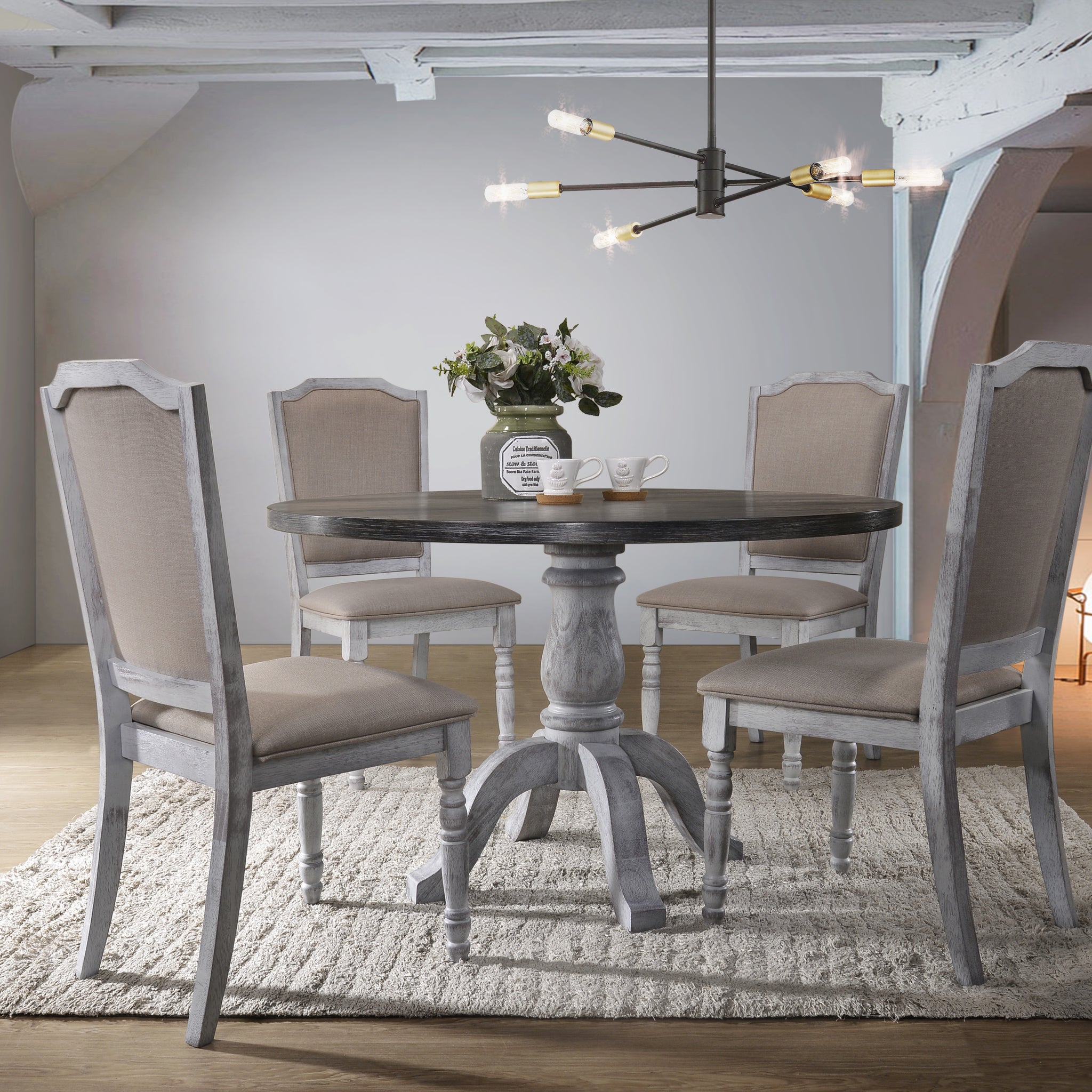 Iris Weathered White Wood 5 Piece Dining Set White Wood Dining Room Fixed Table Rubberwood Round Dining Table With Chair Upholstered Chair Wood Multicolor Seats 4 Farmhouse Pedestal Rubberwood Rubber Wood