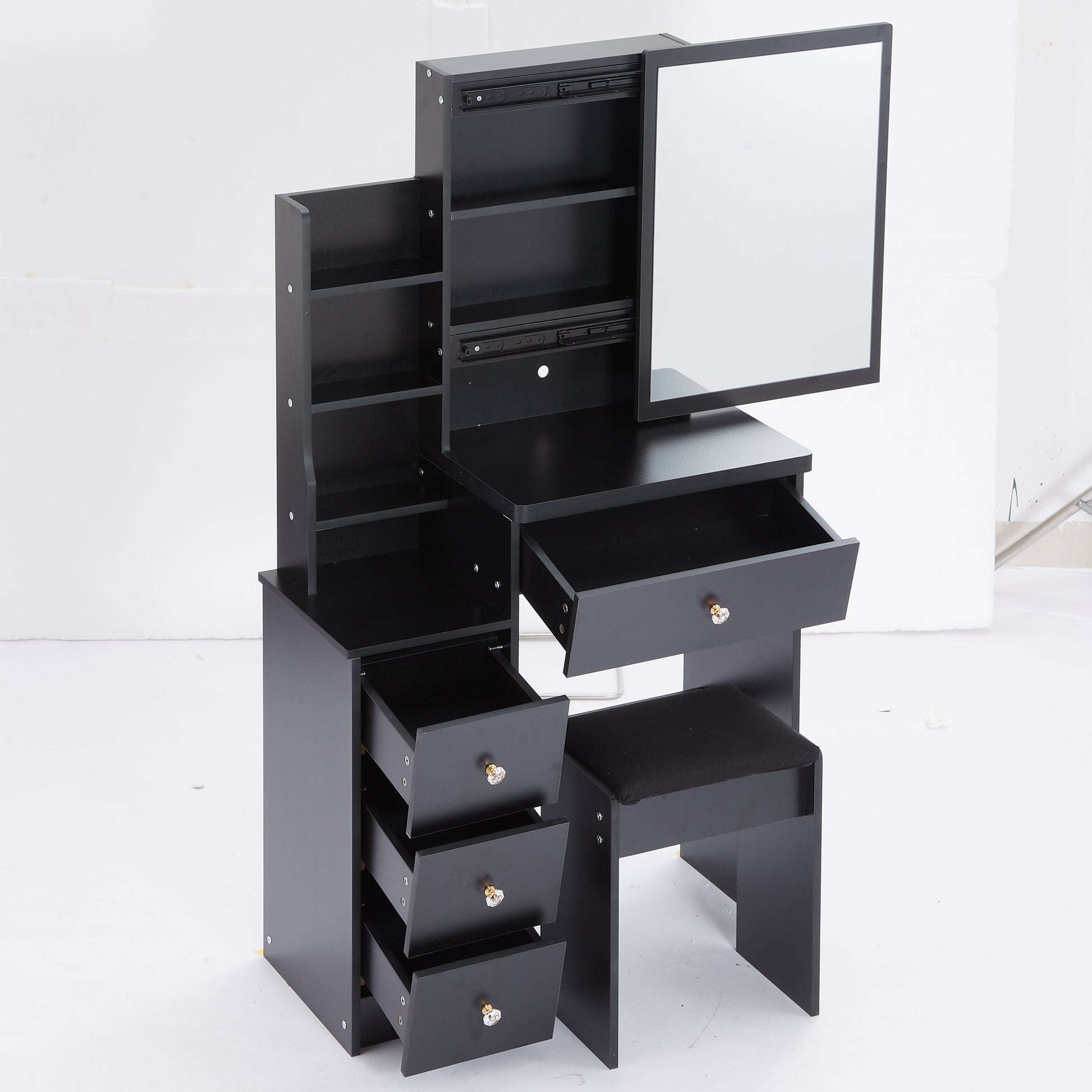 Small Size Left Bedside Cabinet Vanity Table Cushioned Stool, Extra Large Sliding Mirror, Multi Layer, High Capacity Storage Fashionable Dresser, Suitable For Small Space, Epa,Gcc,Ul Certificate