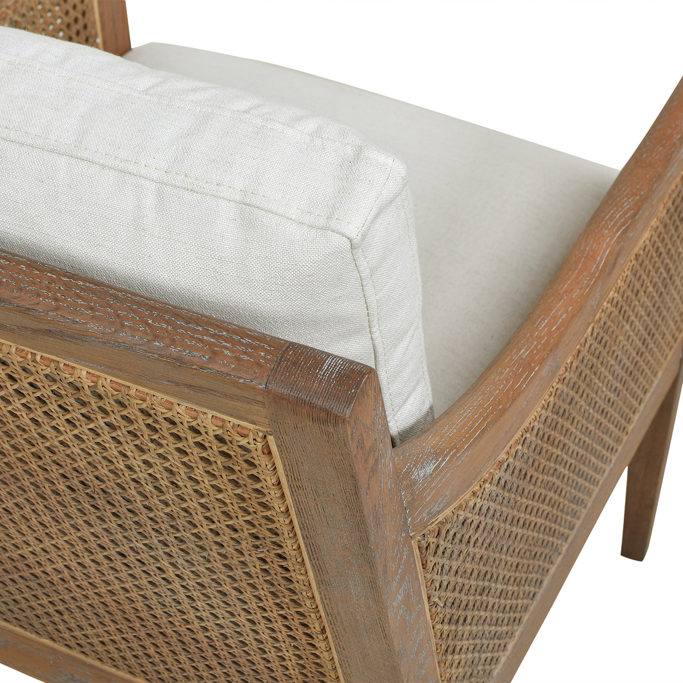 Ontario 24.5" Oak & Rattan Upholstered Accent Arm Chair, Natural White Linen White Foam Wood Fabric Rattan