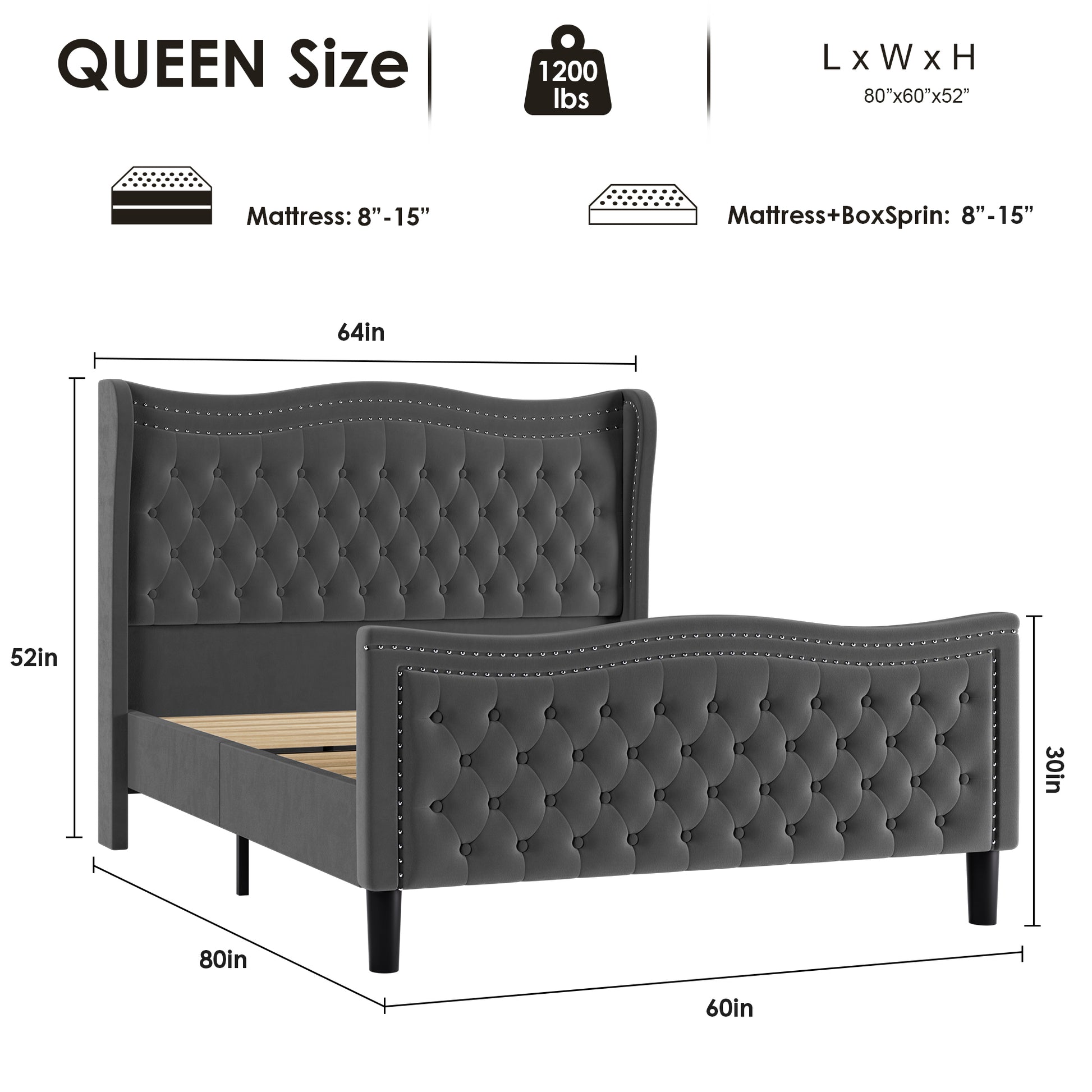 Lift Up Velvet Gray Queen Size Bed Box Spring Not Required Queen Gray Wood Light Brown Bedroom American Design Poplar Slat Beds Foam Velvet Upholstered