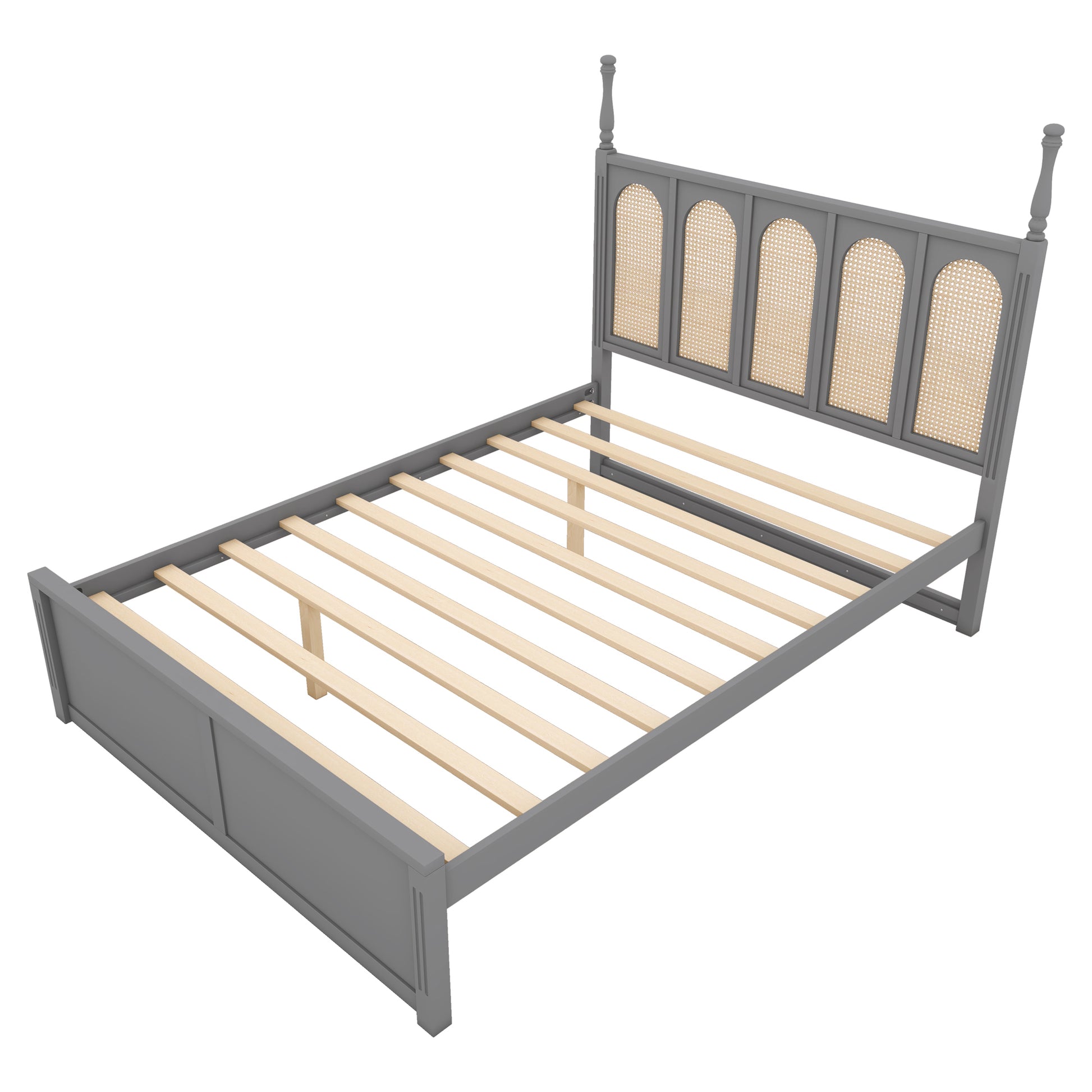 Queen Size Rattan Platform Bed With With 2 Big Drawers, T Size Trundle, Gray Queen Gray Plywood