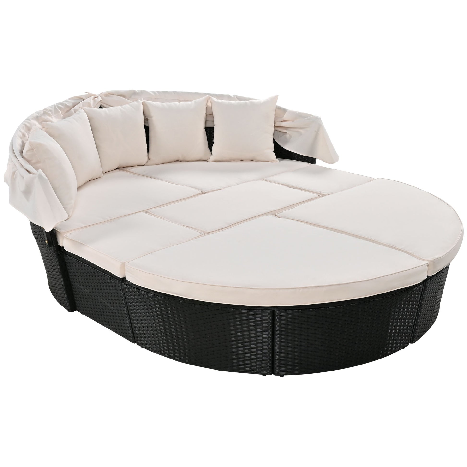 Outdoor Rattan Daybed Sunbed With Retractable Canopy Wicker Furniture, Round Outdoor Sectional Sofa Set, Black Wicker Furniture Clamshell Seating With Washable Cushions, Backyard, Porch, Beige Yes Beige Seats 8 Garden & Outdoor Foam Wicker
