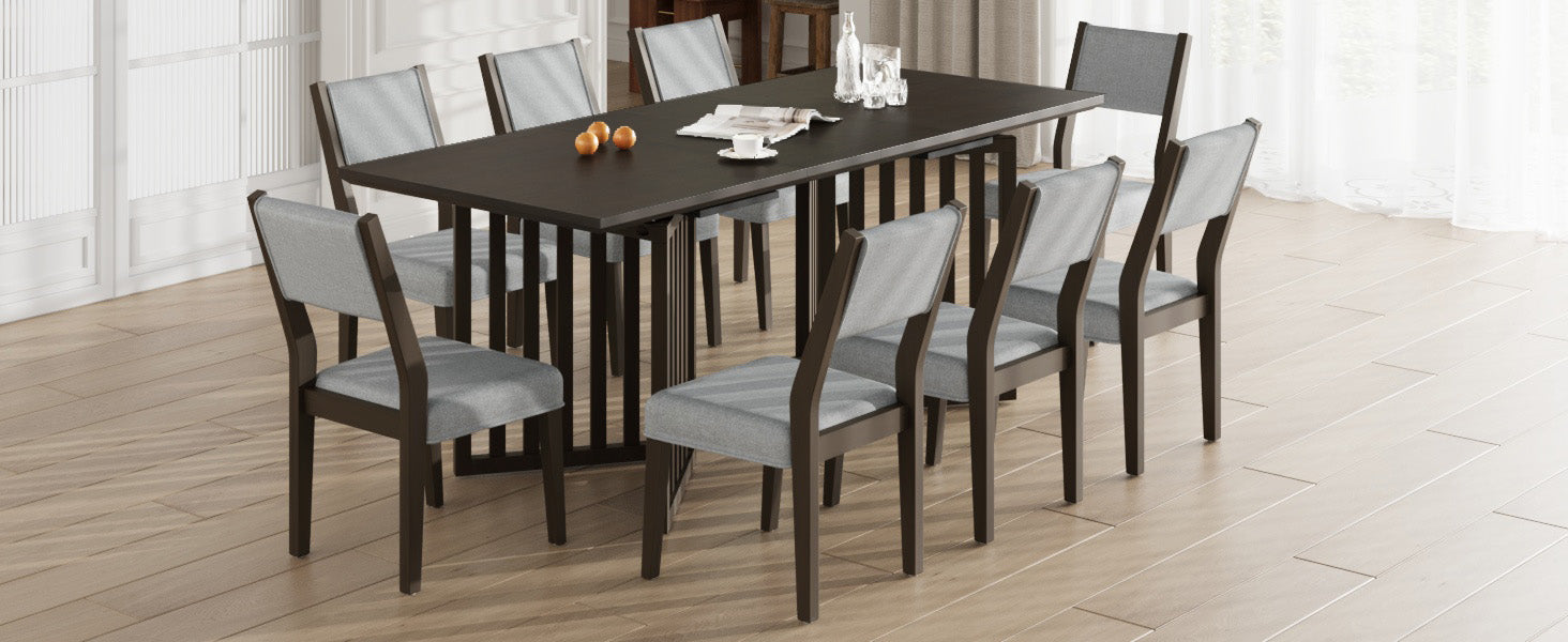 Farmhouse 9 Piece 83.9Inch Extendable Dining Table Set With 2 12 Inch Removable Leaves And 8 Upholstered Dining Chairs, Espresso Wood Dining Room Solid Wood Rubberwood Rectangular Dining Table With Chair Upholstered Chair Wood Espresso Seats 8 Removable