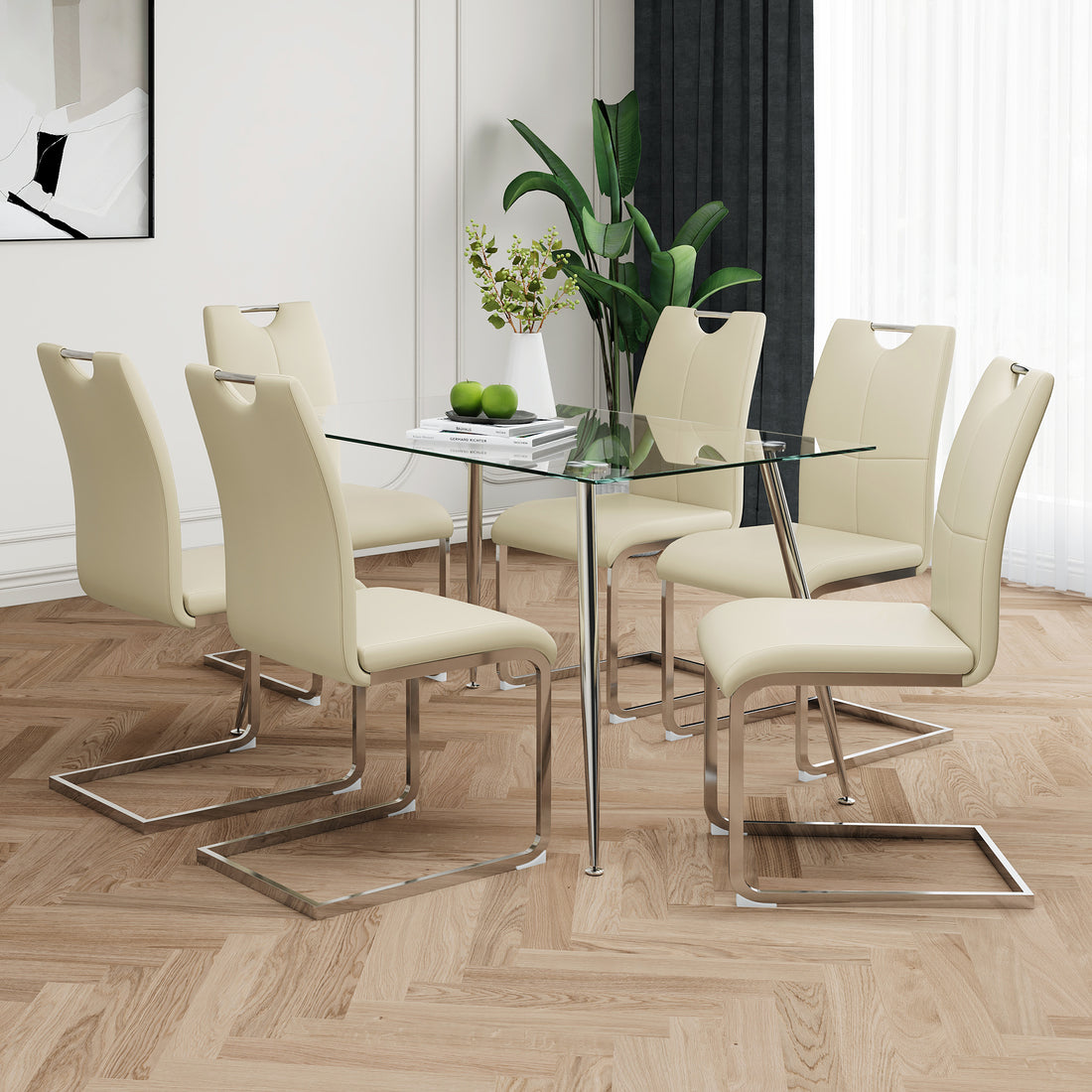 Modern Simple Rectangular Glass Dining Table, Solid Tempered Glass Tabletop, Electroplated Table Legs, Light Yellow Pu Dining Chair Set, Suitable For Restaurant Kitchen Use Set Of 7 Upholstered Chair Glass Light Yellow Seats 6 Metal Rectangular Dining