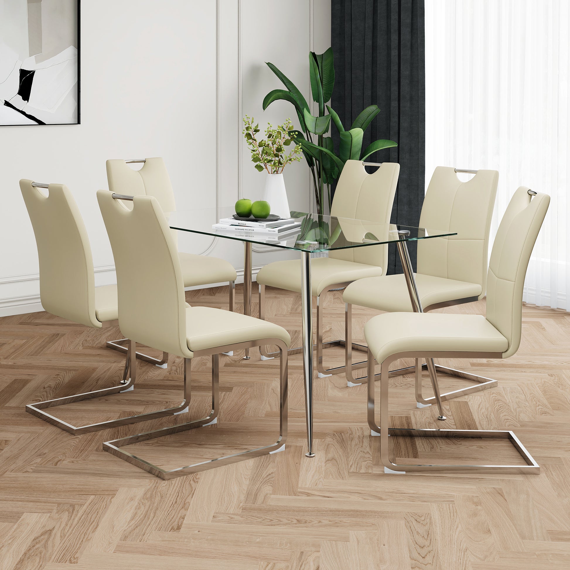 Modern Simple Rectangular Glass Dining Table, Solid Tempered Glass Tabletop, Electroplated Table Legs, Light Yellow Pu Dining Chair Set, Suitable For Restaurant Kitchen Use Set Of 7 Upholstered Chair Glass Light Yellow Seats 6 Metal Rectangular Dining