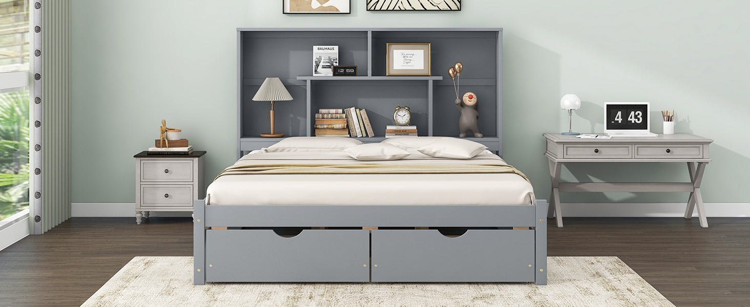Queen Size Platform Bed With Storage Headboard And 2 Drawers, Gray Box Spring Not Required Queen Gray Wood Bedroom Bed Frame Solid Wood Mdf
