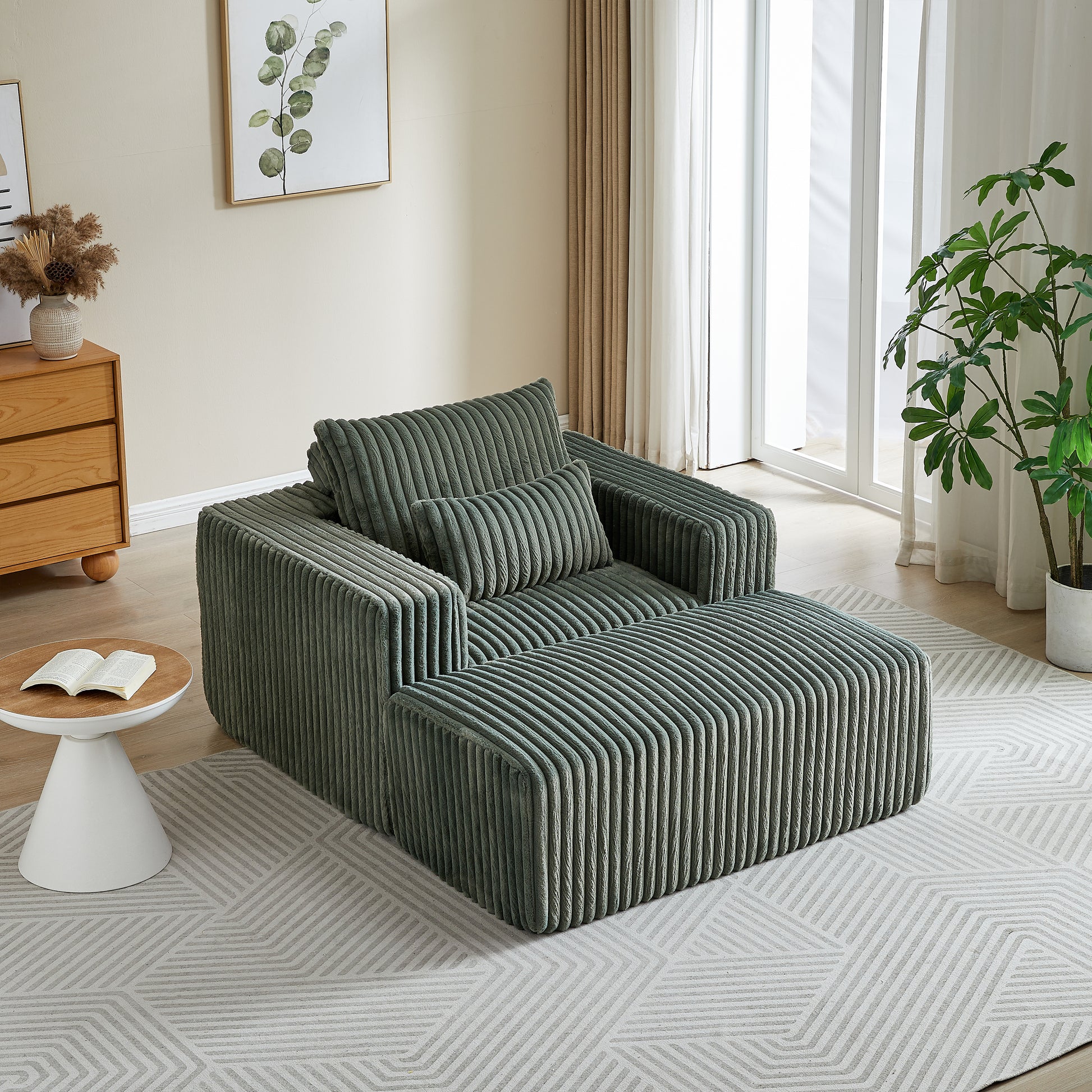 62.5 Inch Corduroy Sponge Sofa Lounge Chair With Removable Footrest,No Assembly Required,Fluffy Modern Sleeper Chair For Indoor Living Room Bedroom Army Green Foam Corduroy 1 Seat