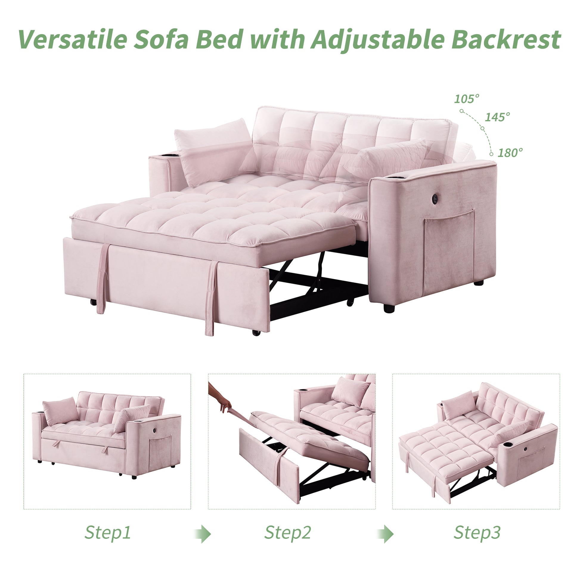 58" 4 1 Multi Functional Sofa Bed With Cup Holder And Usb Port For Living Room Or Apartments Pink Pink Foam 2 Seat