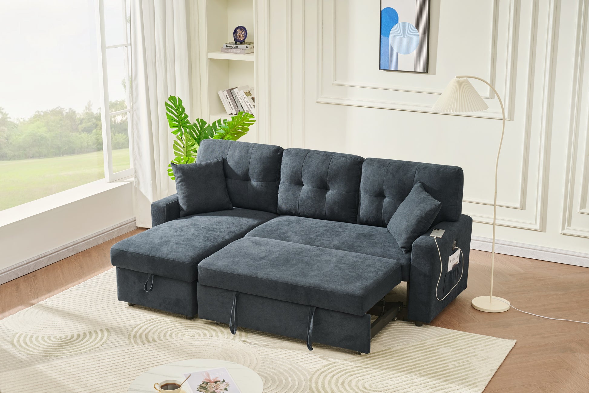 Sectional Sofa Bed L Shaped Sofa Couch Bed With Usb Port, Reversible Sofa Couch Sleeper With Pull Out Bed, Chaise With Storage, Pull Out Couch For Living Room Black Wood Fabric 3 Seat