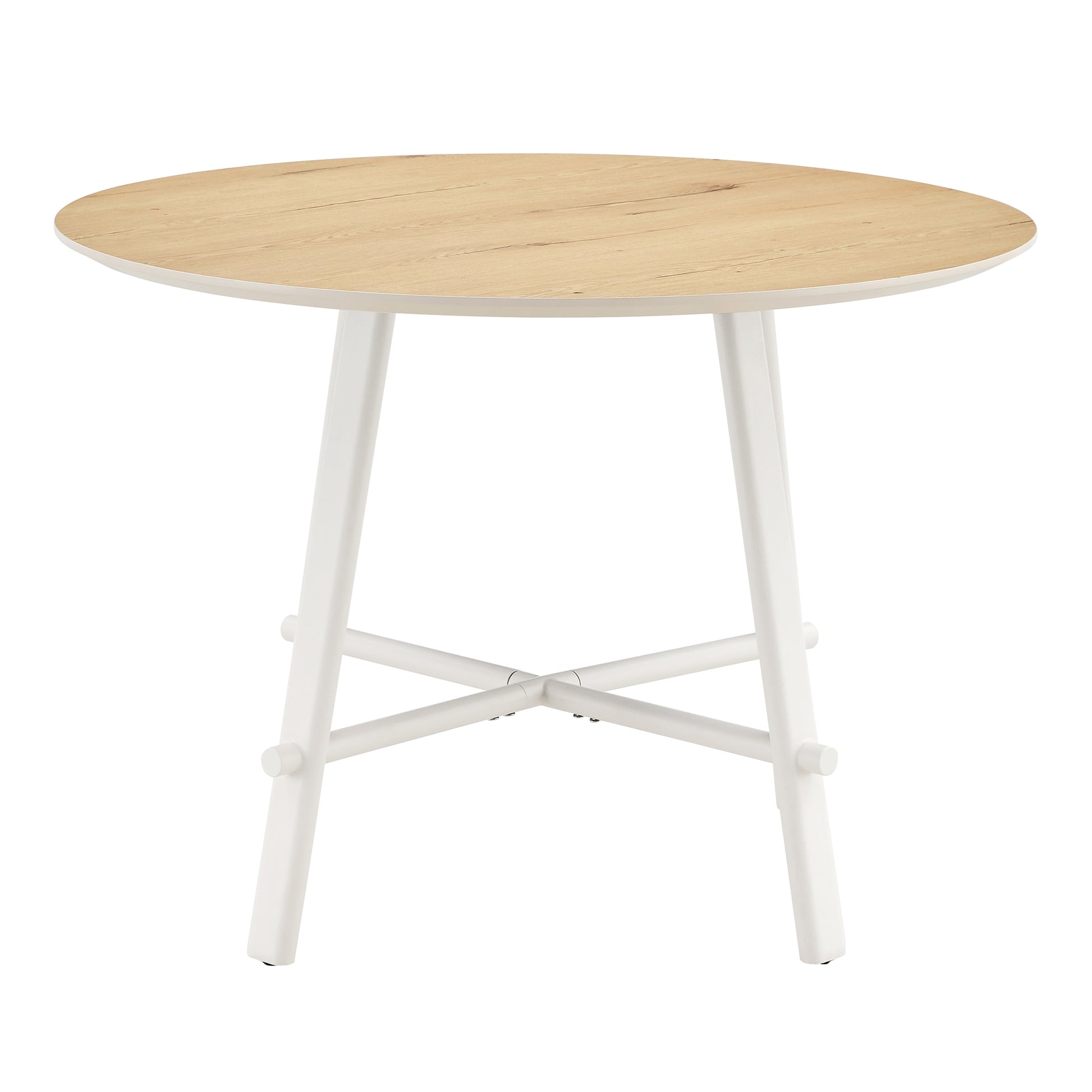 A Modern And Minimalist Circular Dining Table With A 42 Inch Diameter Wood Colorer Patterned Tabletop And White Metal Legs. Suitable For Restaurants, Living Rooms, And Conference Rooms. Brown White Mdf Metal