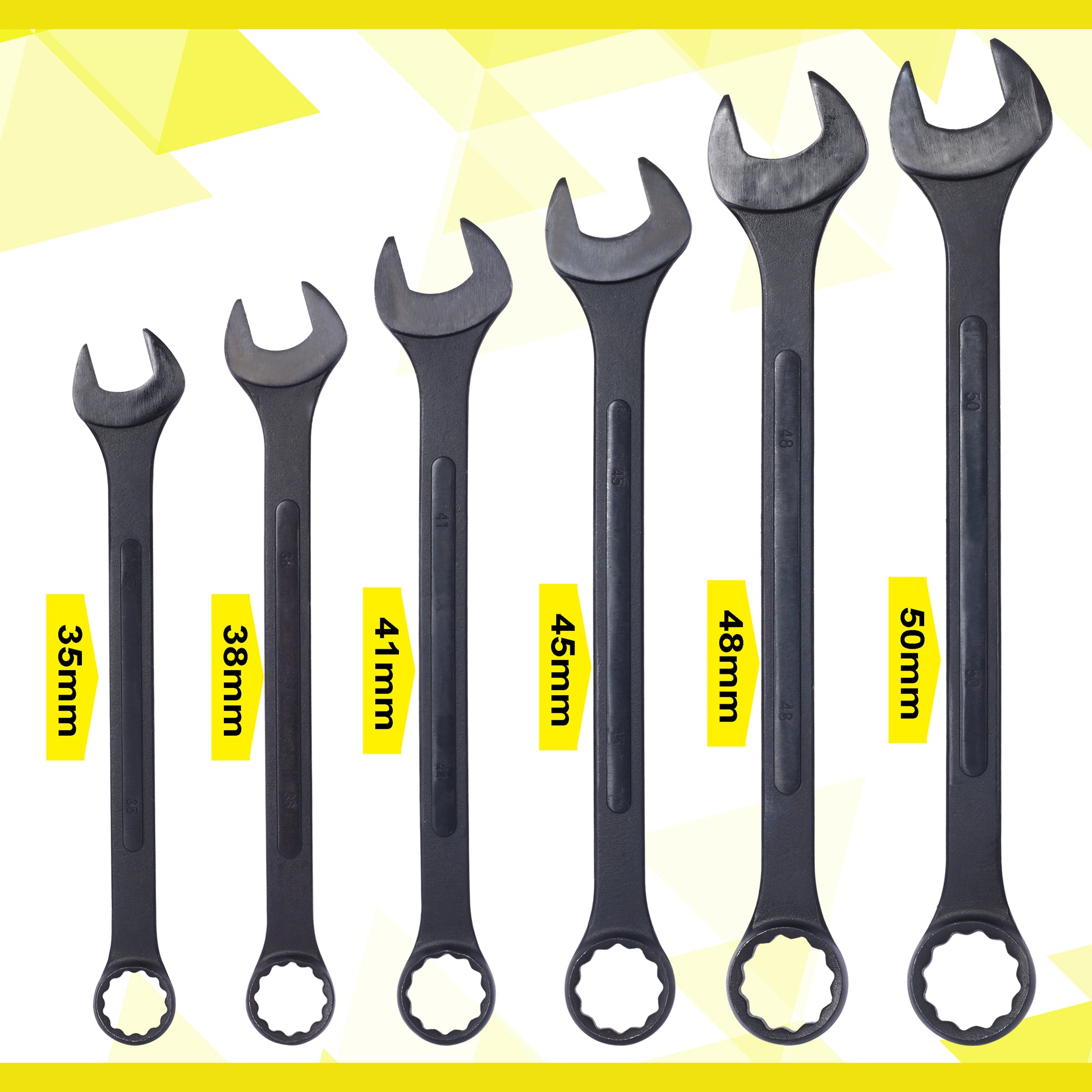 Jumbo Combination Wrench Set Extra Large, Metric, 6 Piece, 35Mm To 50Mm,Black Oxide, With Pouch Black Carbon Steel