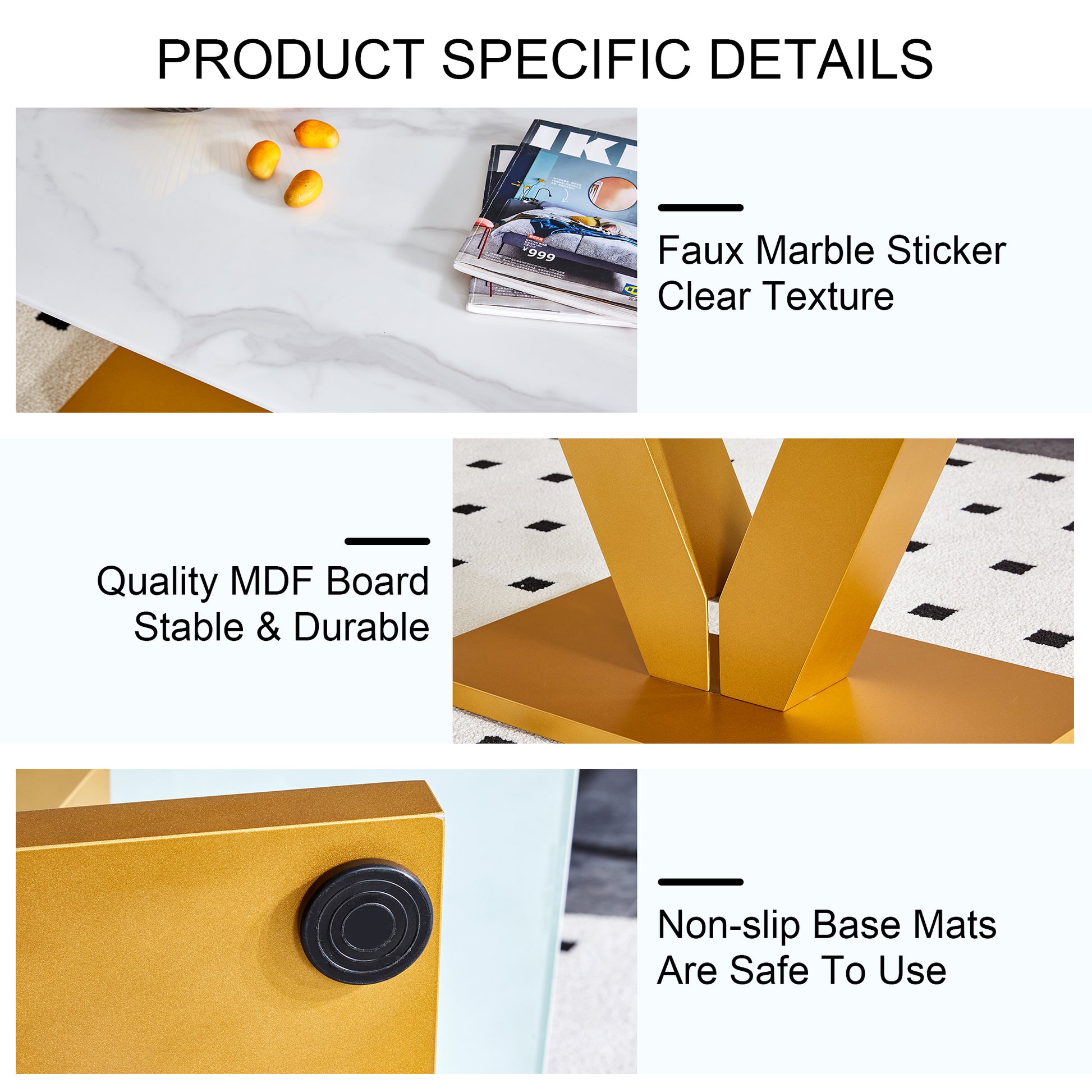 Modern Minimalist Coffee Table. Tempered Glass With Stickers Tabletop,Golden Mdf Pillars. Suitable For Living Room And Dining Room Gold Mdf Glass