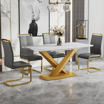 Table And Chair Set, The Table Is Equipped With A Marble Patterned Mdf Tabletop And Gold Table Legs.The Chair Is Equipped With Pu Synthetic Leather High Back Cushion And Gold Coated Metal Legs. Grey Gold Seats 4 Mdf Metal