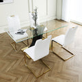 Modern Style Glass Dining Table, Elegant Transparent Design, Solid Support Base, White Dining Chair Set, Gold Plated Legs, Suitable For Restaurant Kitchen Use Set Of 5 White Gold Seats 4 Mdf Glass