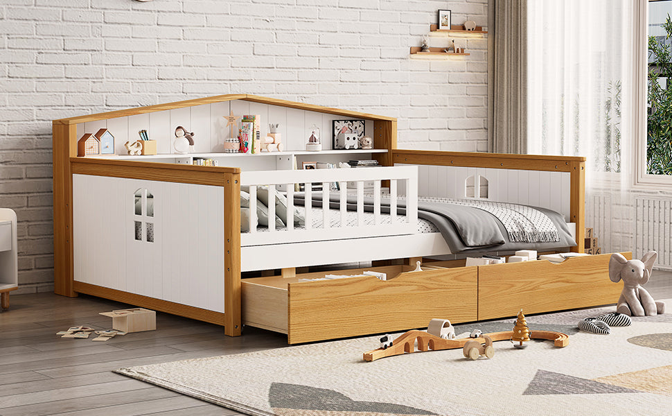 Full Size House Shape Daybed With Two Drawers And Bookcase Headboard Wooden Bed For Girls Boys Teens, No Box Spring Needed, Walnut And White Box Spring Not Required Full White Walnut Wood Bedroom Cute Pine Bed Frame Wood