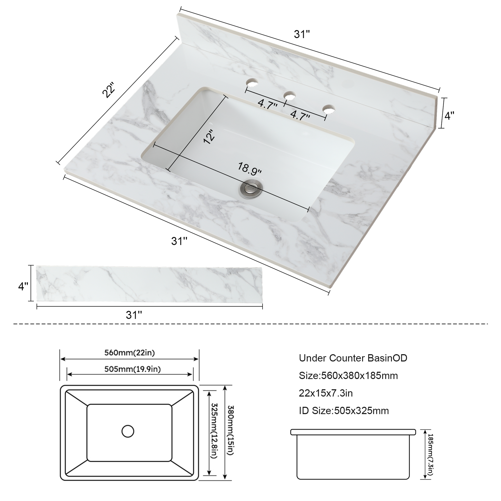 31"X22"Bathroom Vanity Top,Sintered Stone Carra Whitebarthroom Vanity Sink Tops With Rectangular Undermount Ceramic Sink With Vanity Backsplash, Three Faucet Hole Bathroom Vanity Countertop White