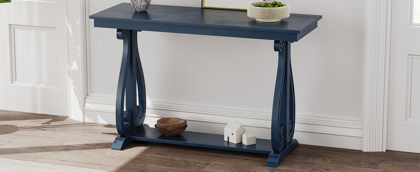 48 Inch Rustic Vintage Console Tablefarmhouse Style Entryway Table With Open Shelf And Sturdy Construction For Entryway And Living Room Navy Navy Distressed Finish Primary Living Space Antique,Rustic,Vintage Open Storage Console Tables Brushed