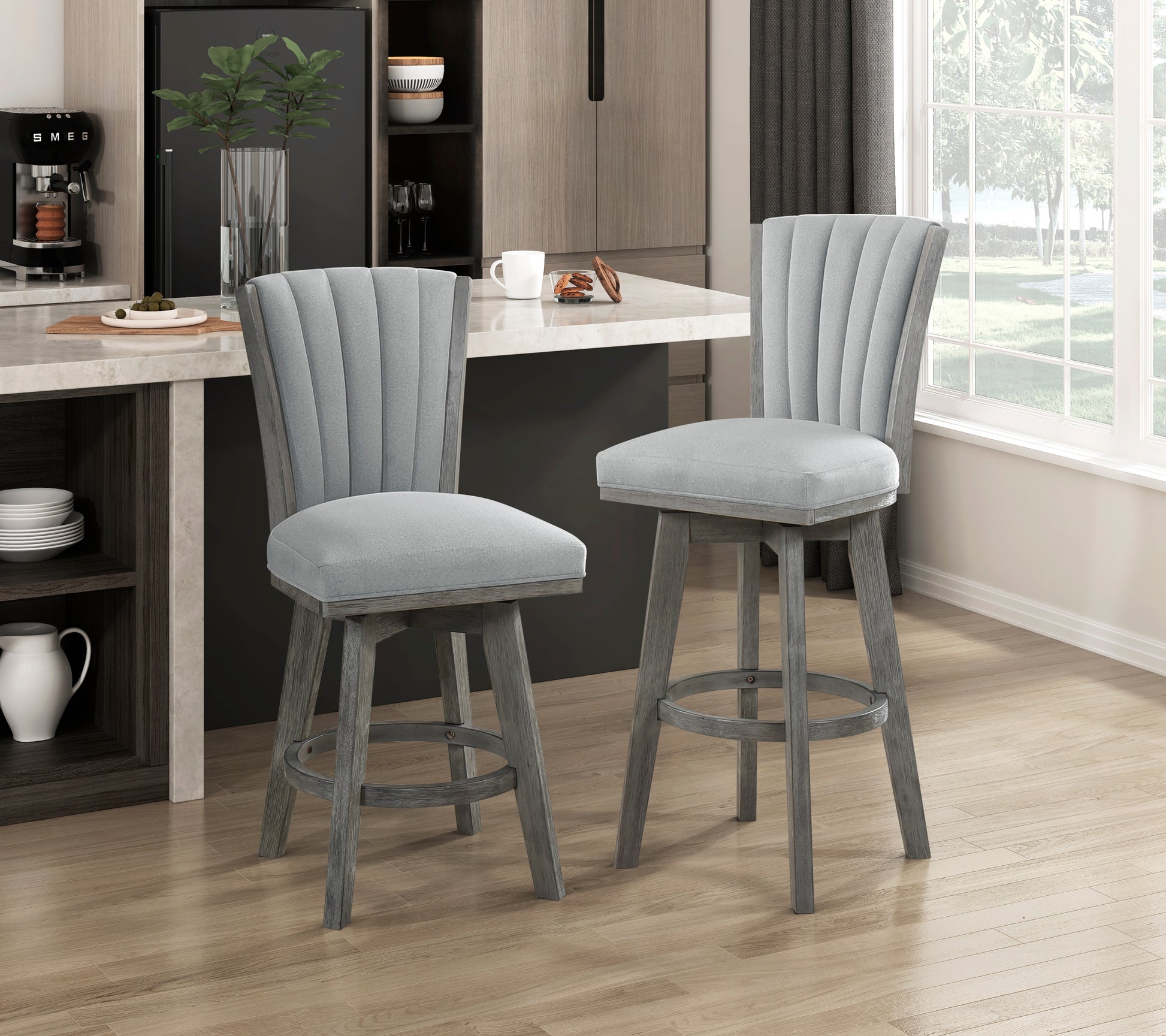 Gray Finish Set Of 2 Pub Height Chairs Swivel Seat Tufted Fabric Upholstered Solid Wood Dining Furniture Transitional Style Gray Dining Room Transitional Solid Wood