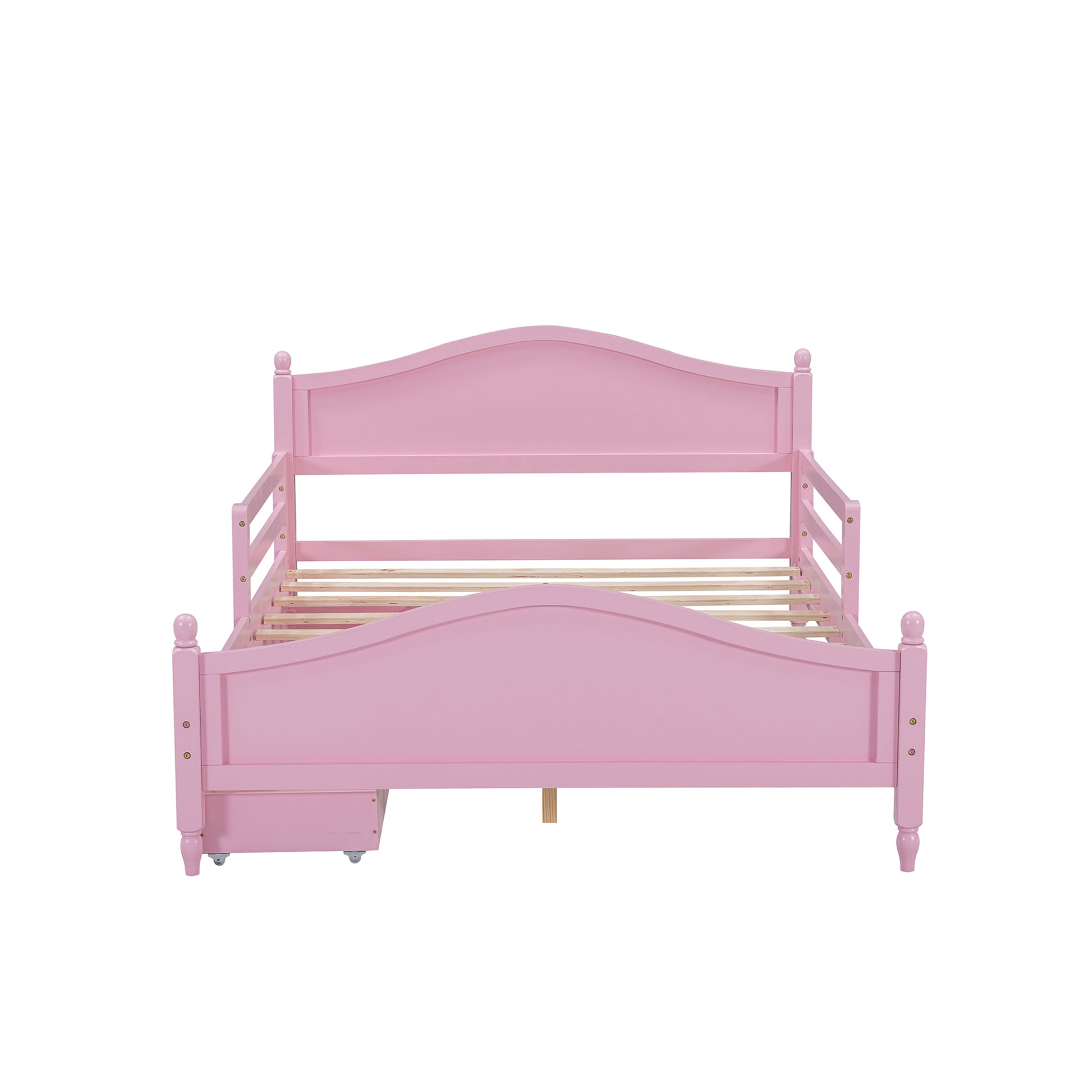 Full Size Wood Platform Bed With Guardrails On Both Sides And Two Storage Drawers ,Pink Full Pink Wood