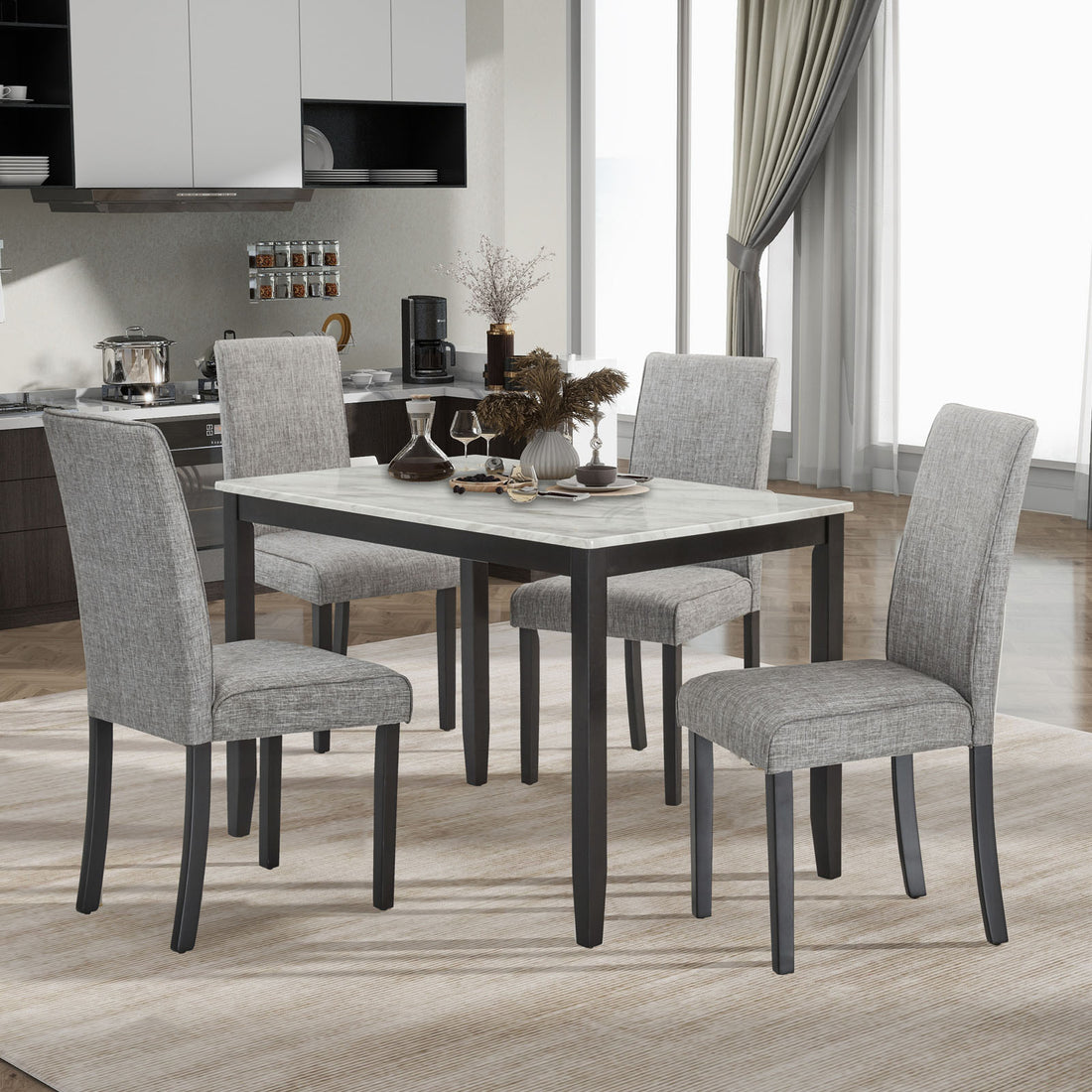 Faux Marble Dining Rectangular Table, 4 Person Wood Dining Table, White Dark Espresso Gray Upholstered Chair Faux Marble White Dark Espresso Gray Seats 4 Wood Dining Room Rectangular 4 Leg Rectangular Dining Table With Chair Mdf,Paper,Rubber Wood