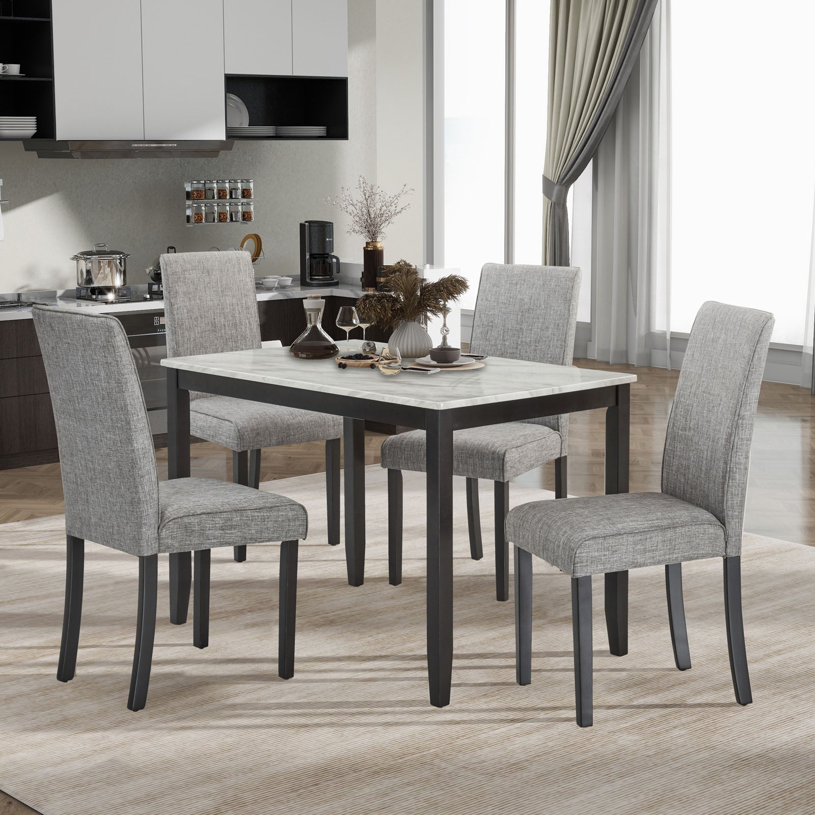 Faux Marble Dining Rectangular Table, 4 Person Wood Dining Table, White Dark Espresso Gray Upholstered Chair Faux Marble White Dark Espresso Gray Seats 4 Wood Dining Room Rectangular 4 Leg Rectangular Dining Table With Chair Mdf,Paper,Rubber Wood