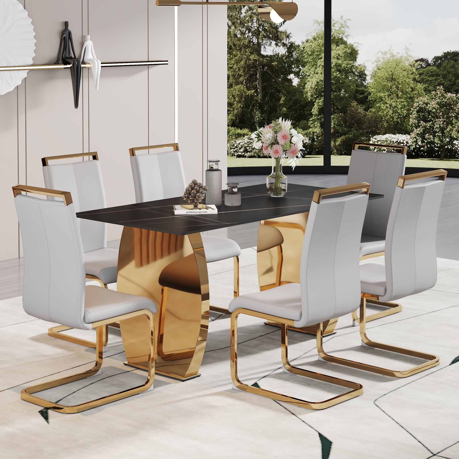 Table And Chair Set,Modern Rectangular Table With 0.4 Inch Black Patterned Tabletop And Gold Legs, Suitable For Kitchen, Dining Room, And Living Roomcomfortable Pu Seats,Perfect For Dinner, Meet Grey Black Seats 6 Sintered Stone