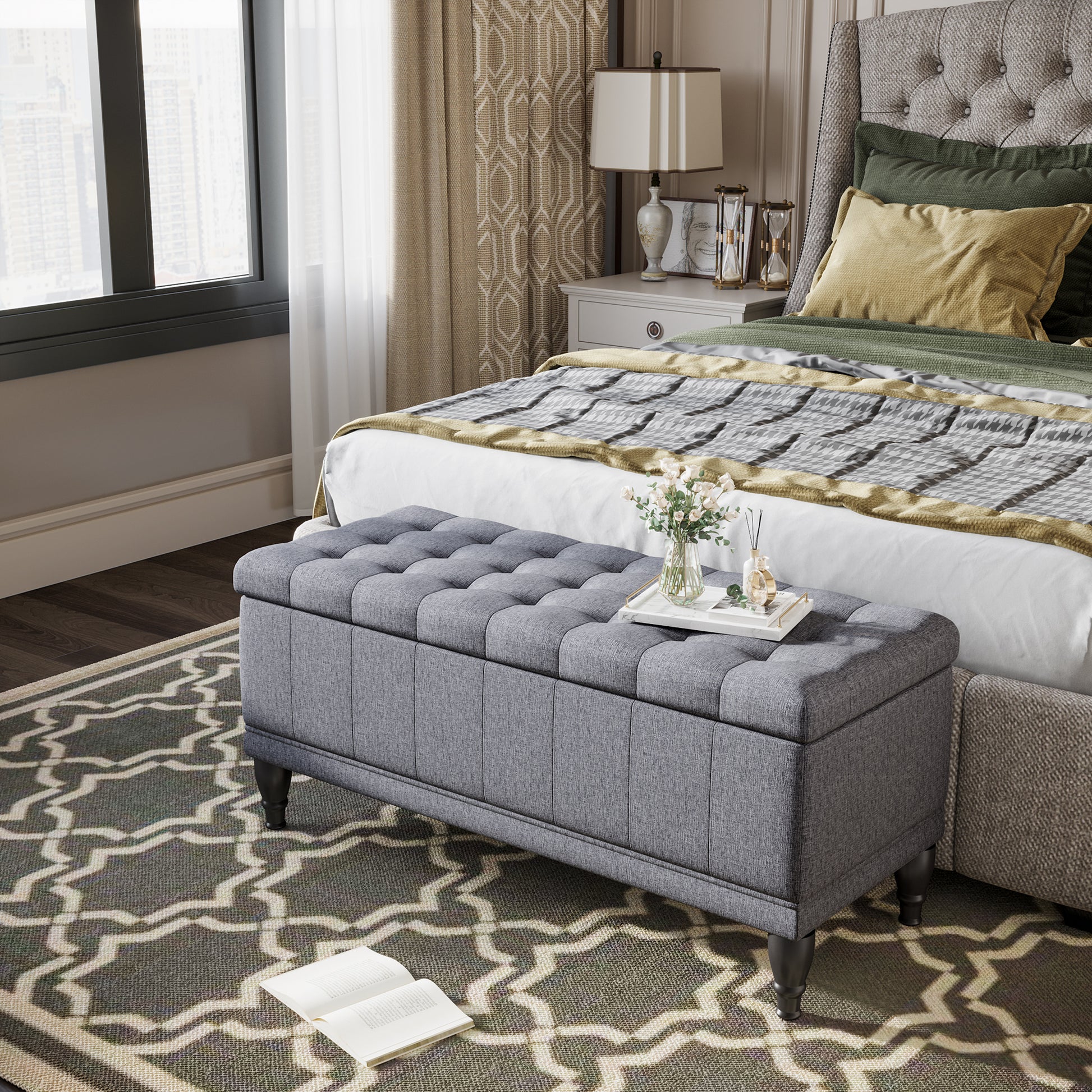 Homcom Storage Ottoman, Linen Fabric Button Tufted Storage Bench With Soft Close Lid For Living Room, Entryway Or Bedroom, Dark Heather Grey Grey Fabric