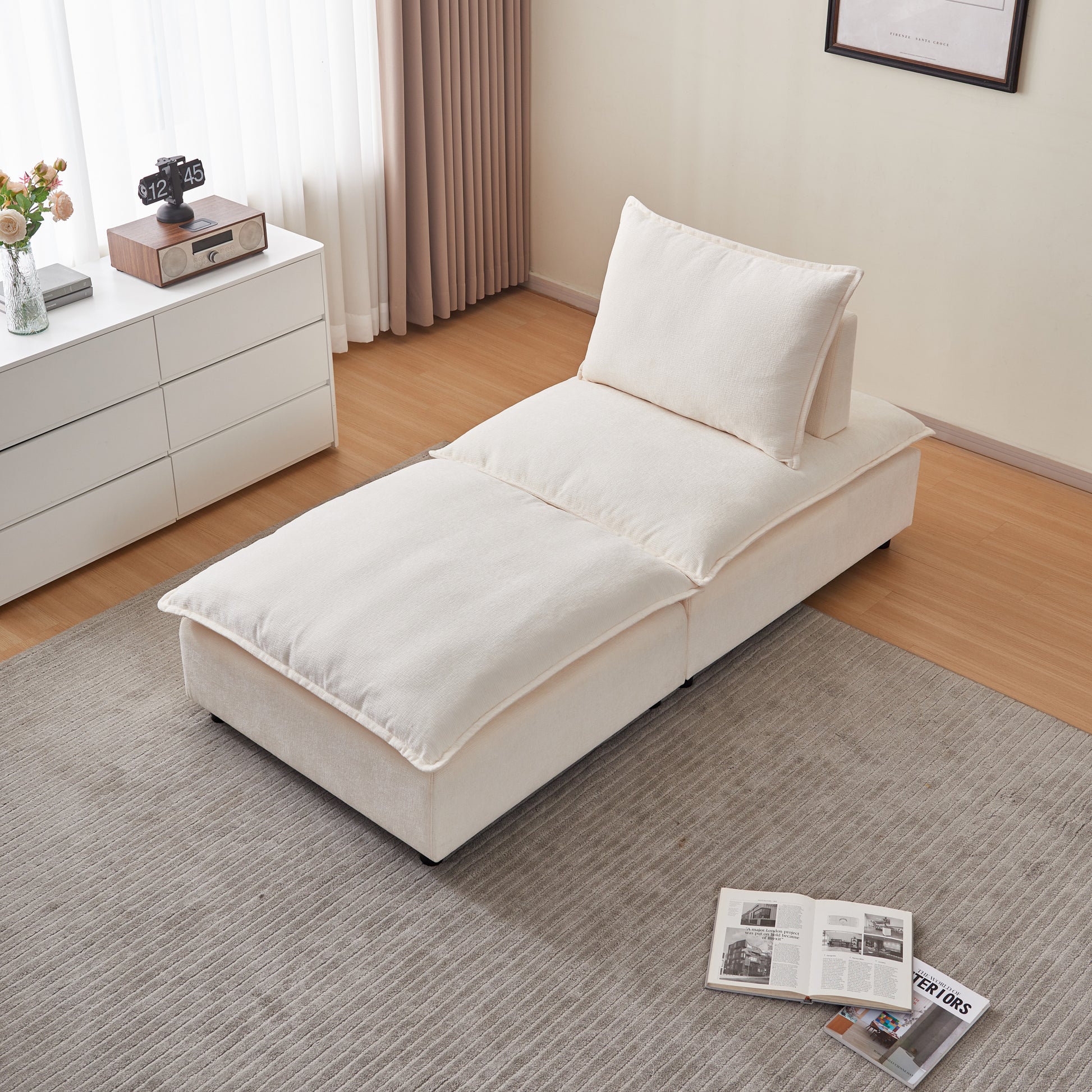 Modern Armless Accent Chair, Single Sofa Couch With Ottoman Compact Design, Space Saving Seating For Living Room, Bedroom, Apartment, Office Beige Wood Medium Soft Foam Chenille 1 Seat