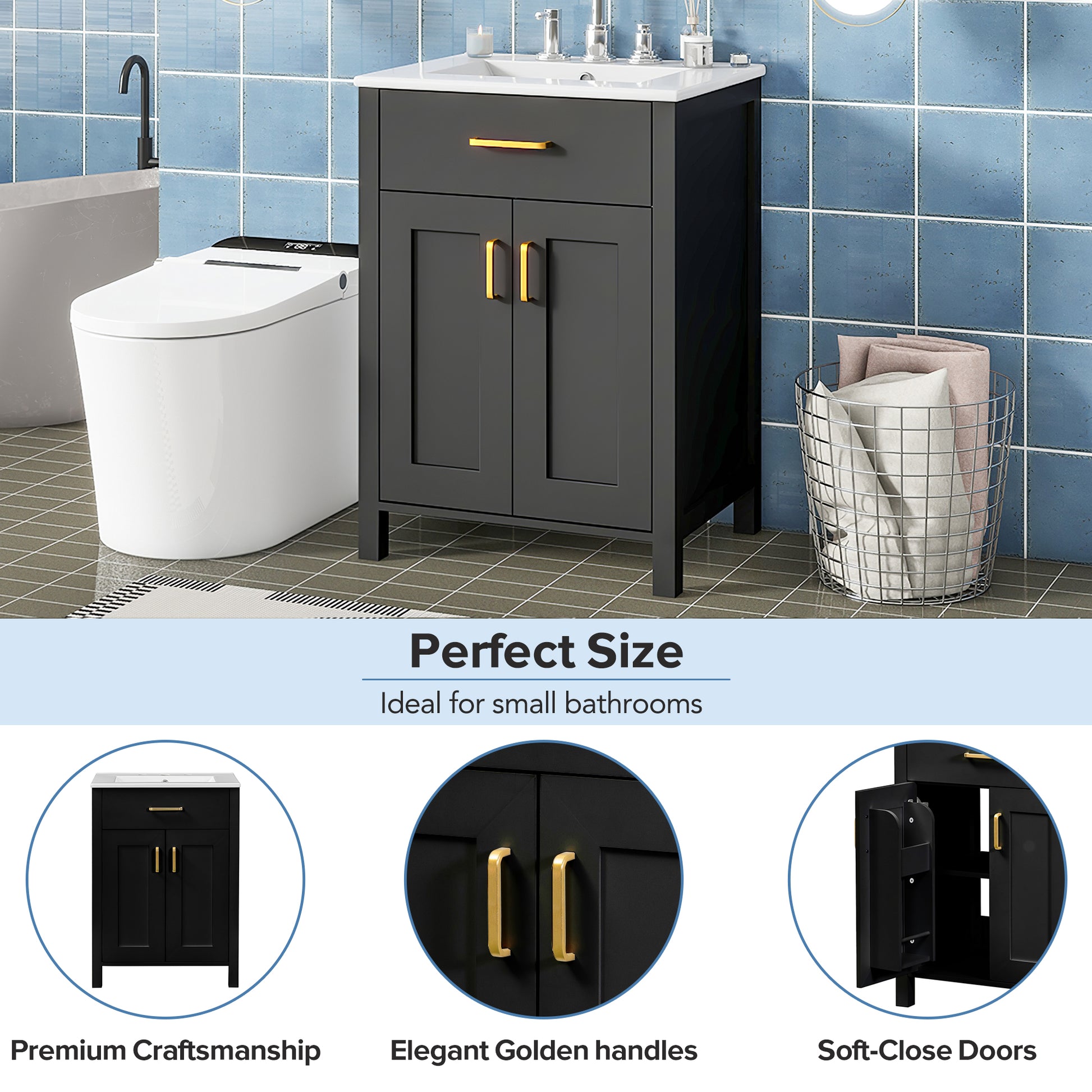 24"Bathroom Vanity Combo With Ceramic Sink, Luxurious Space Saving Vanity W24"*D18"*H34"Inch, 2 Soft Close Doors Black Bathroom Solid Wood Mdf