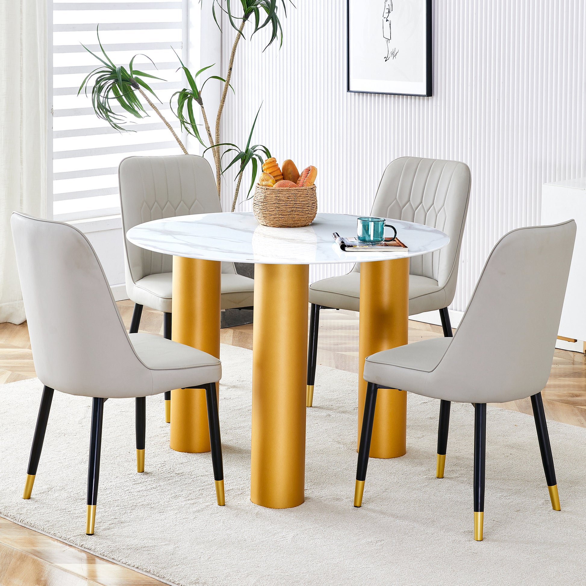 Table And Chair Set, Round Table With White Marble Pattern, Gold Mdf Table Legs, Soft And Comfortable Dining Chair, Suitable For Kitchen And Living Room White Seats 4 Mdf